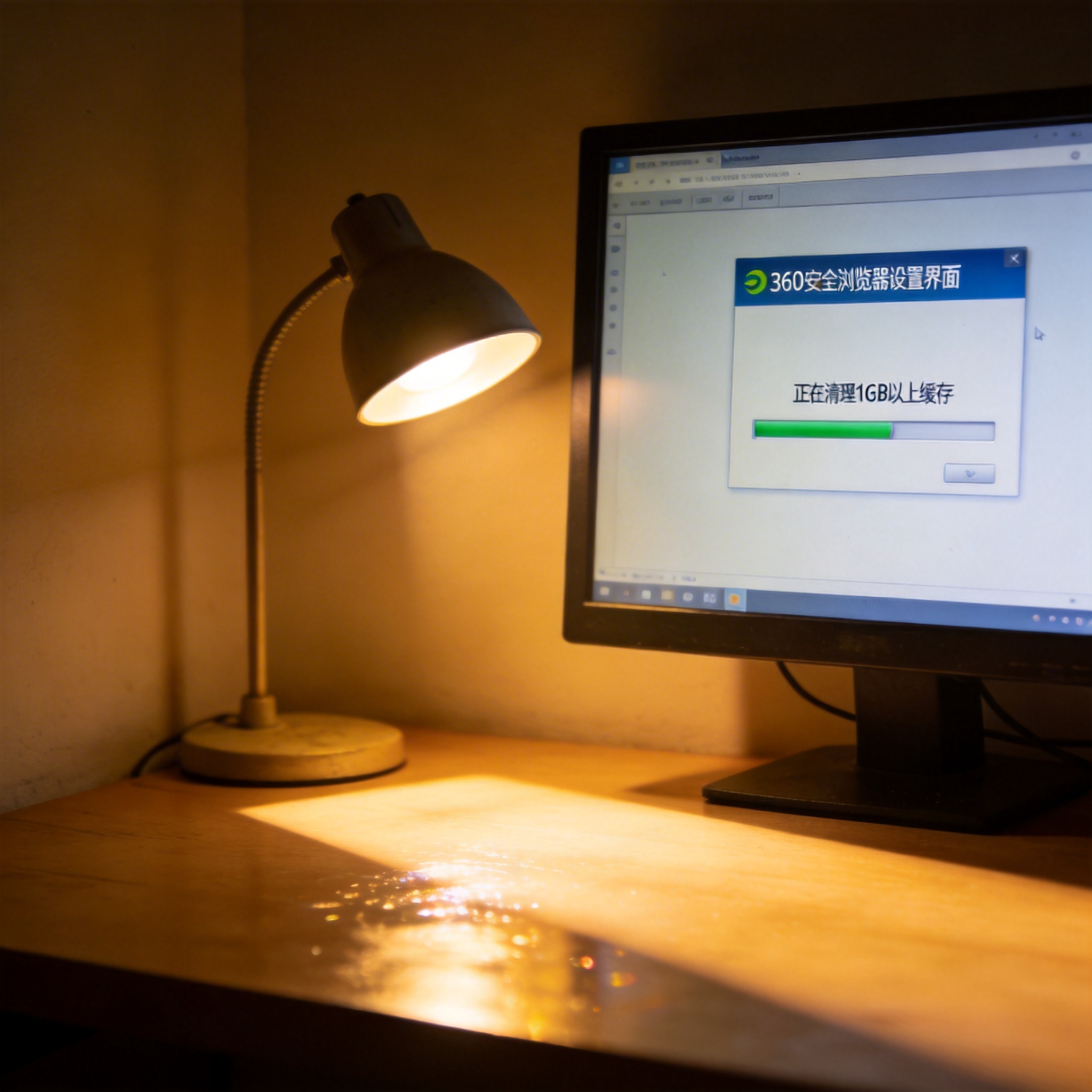 桌面的电脑屏幕显示360安全浏览器设置界面，正在清理1GB以上缓存，桌面角落有个普通台灯，开着暖光