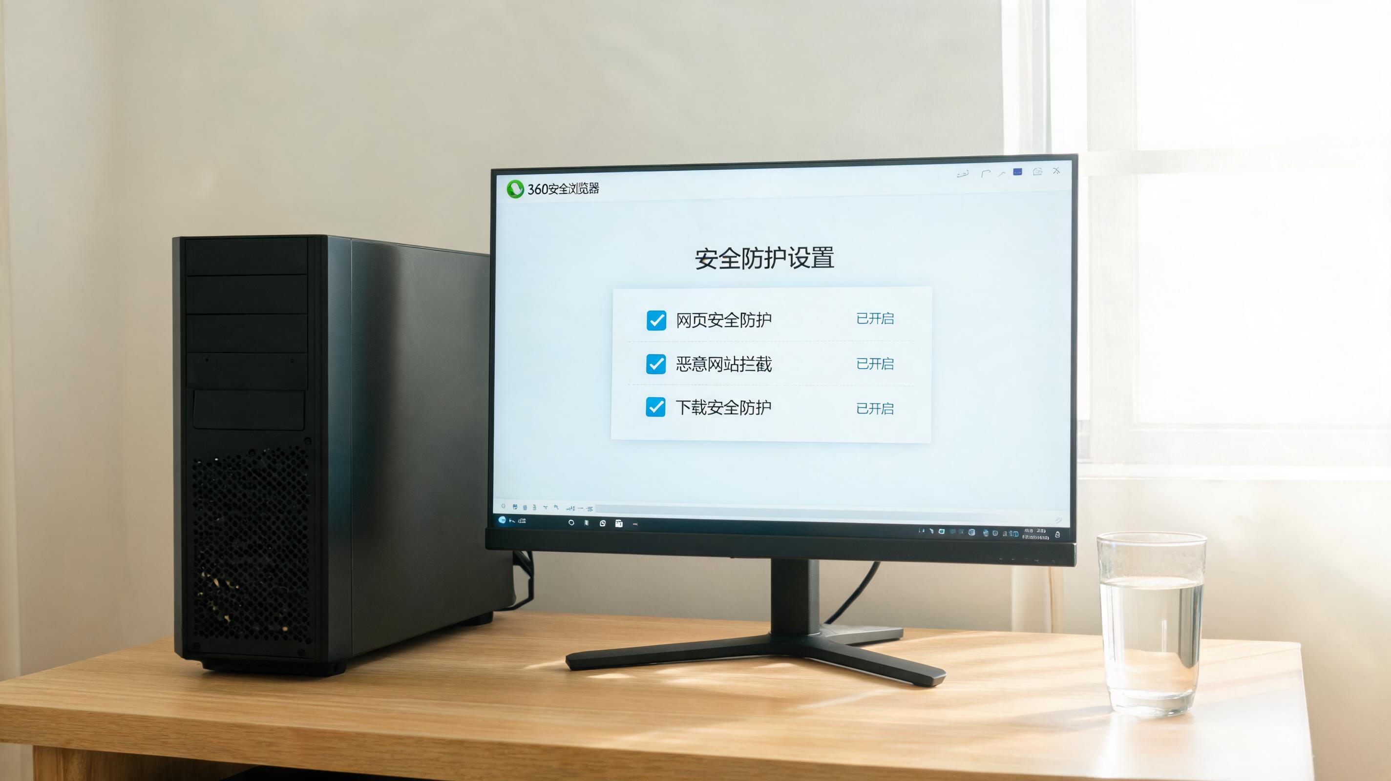 书桌上的主机，屏幕显示360 浏览器网页安全防护设置界面，桌角放着水杯，自然光