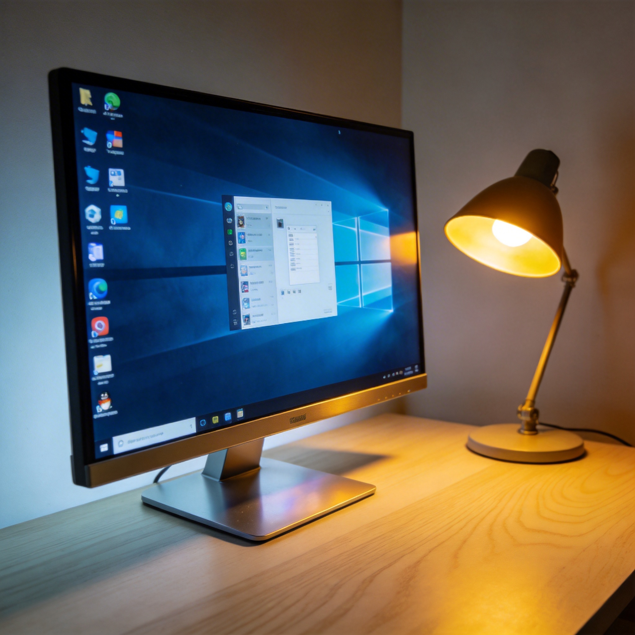 电脑桌上的电脑，屏幕显示Windows界面，旁边放着台灯