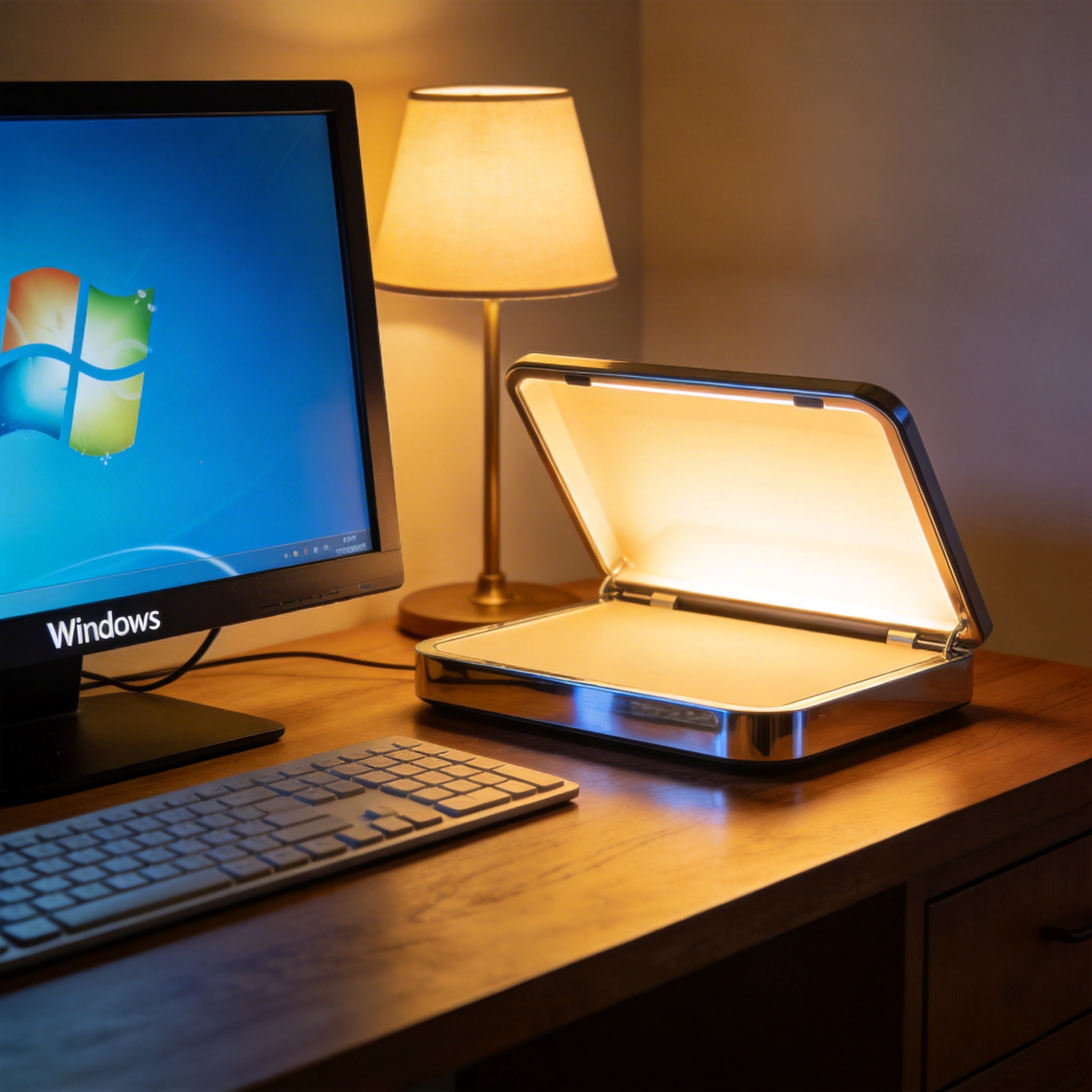 电脑桌上的电脑，屏幕显示Windows界面，旁边放着台灯
