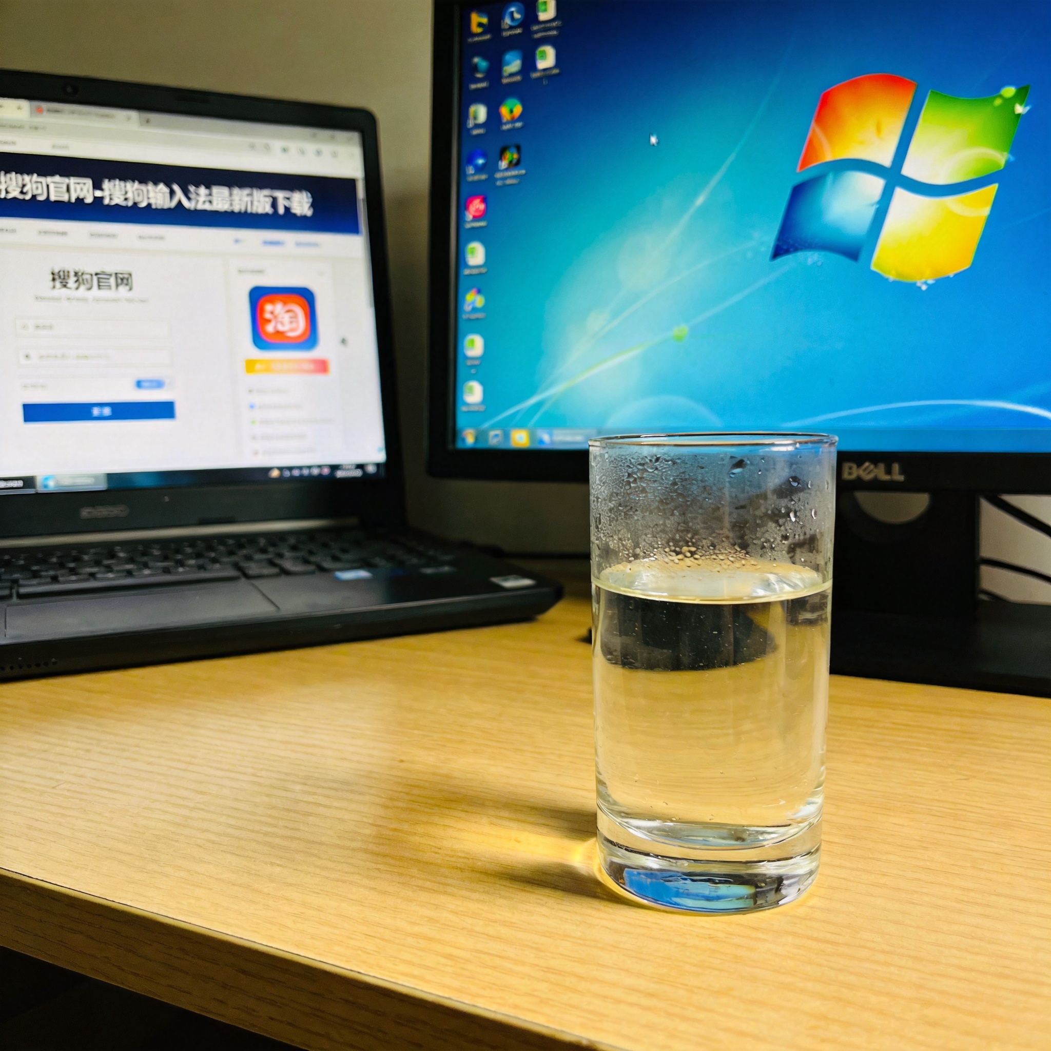电脑桌的Windows系统电脑，屏幕显示搜狗官网的搜狗输入法最新版下载页面，桌面放着半杯凉白开，室内自然光