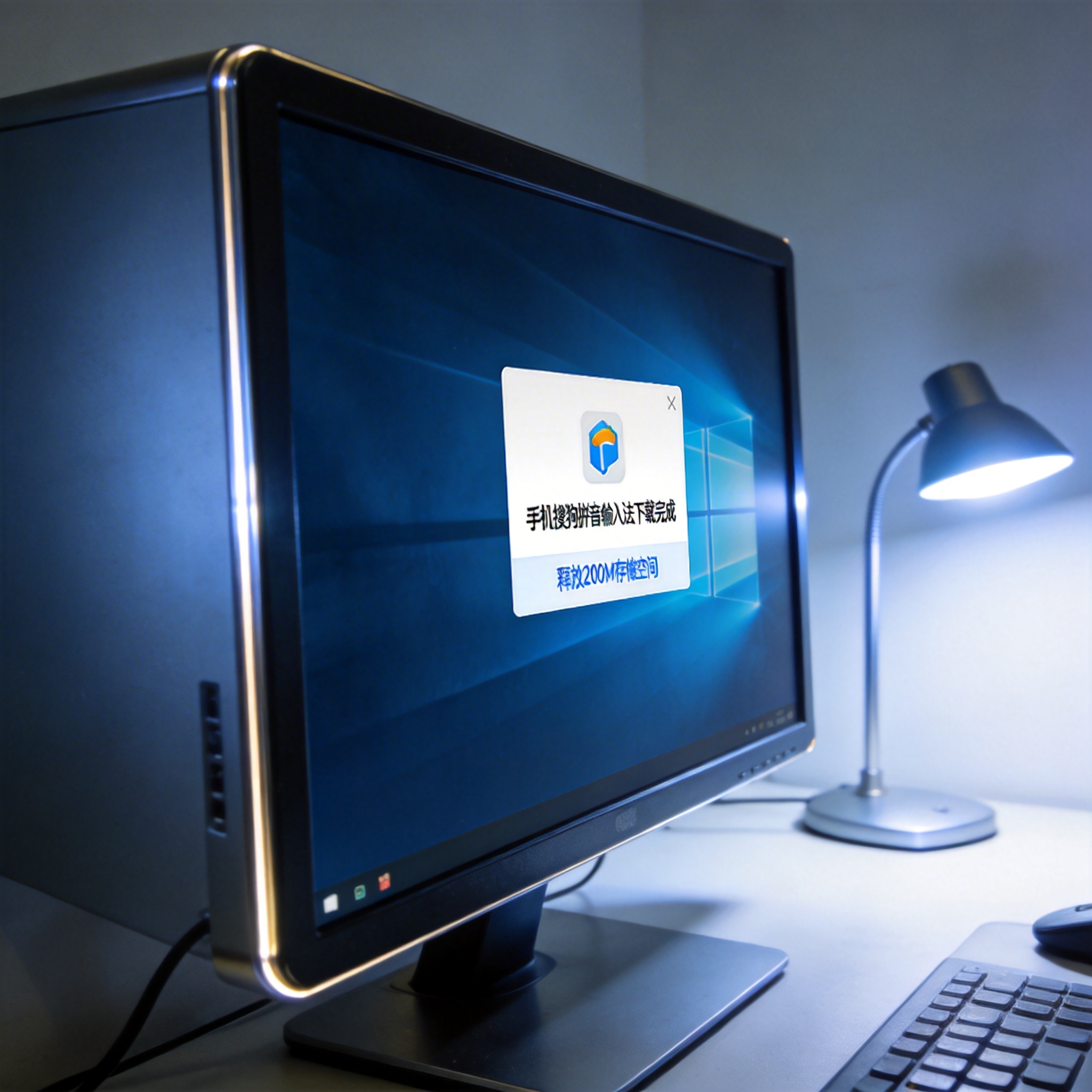 电脑桌前的台式机，屏幕显示手机搜狗拼音输入法下载完成提示框，下方标注释放200M存储空间提示，台灯冷光