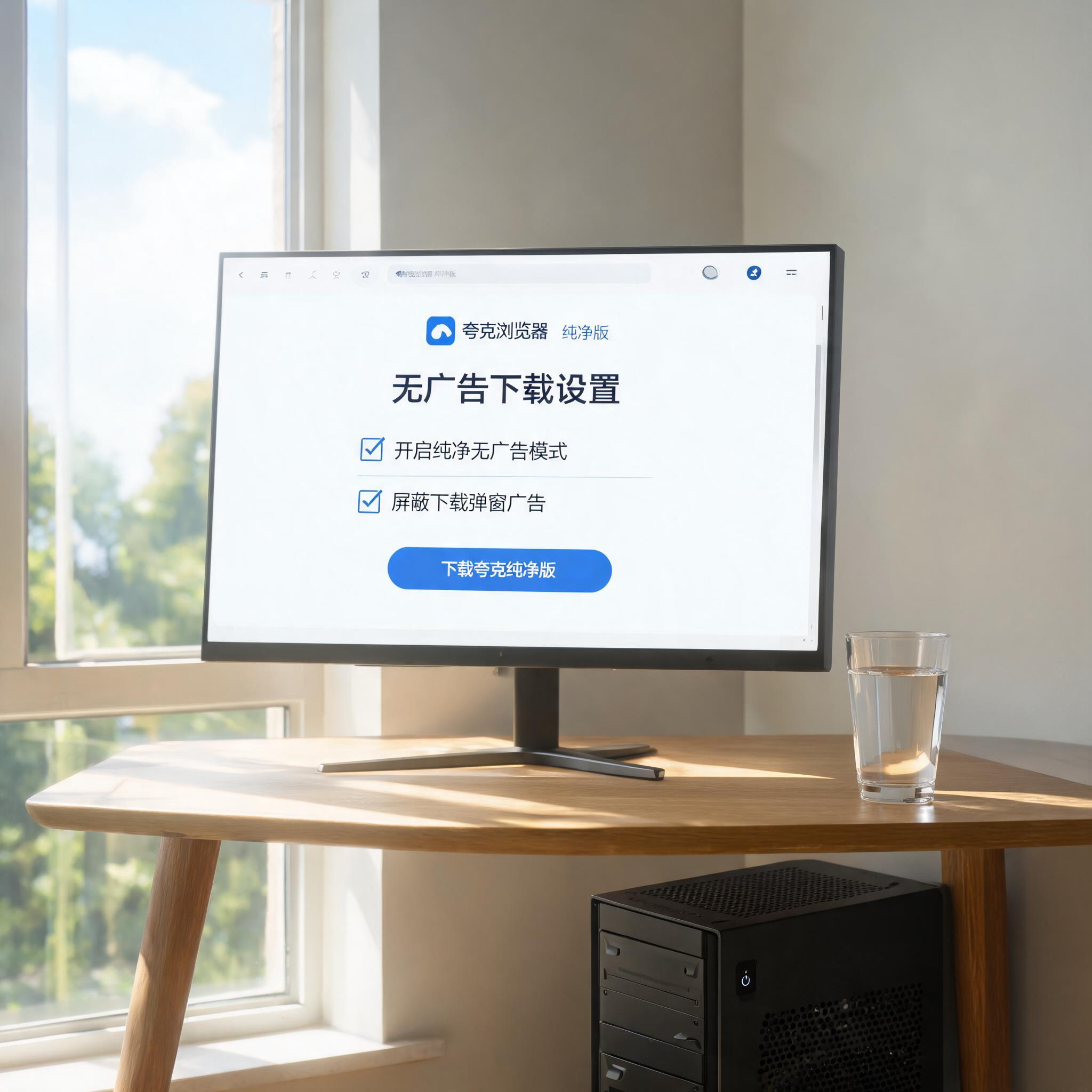 书桌上的主机，屏幕显示夸克浏览器纯净版无广告下载设置界面，桌角放着水杯，自然光