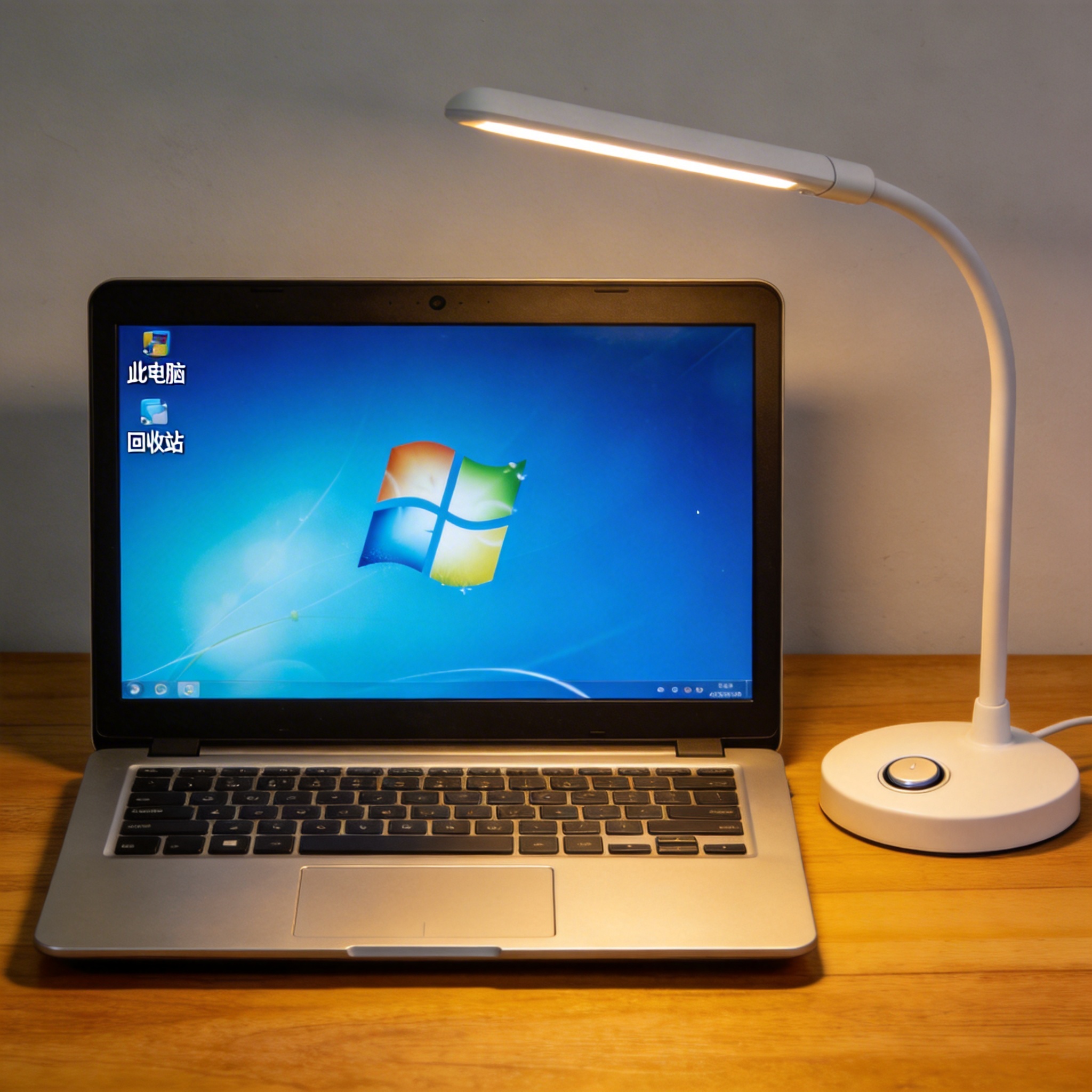 电脑桌上的电脑，屏幕显示Windows界面，旁边放着台灯