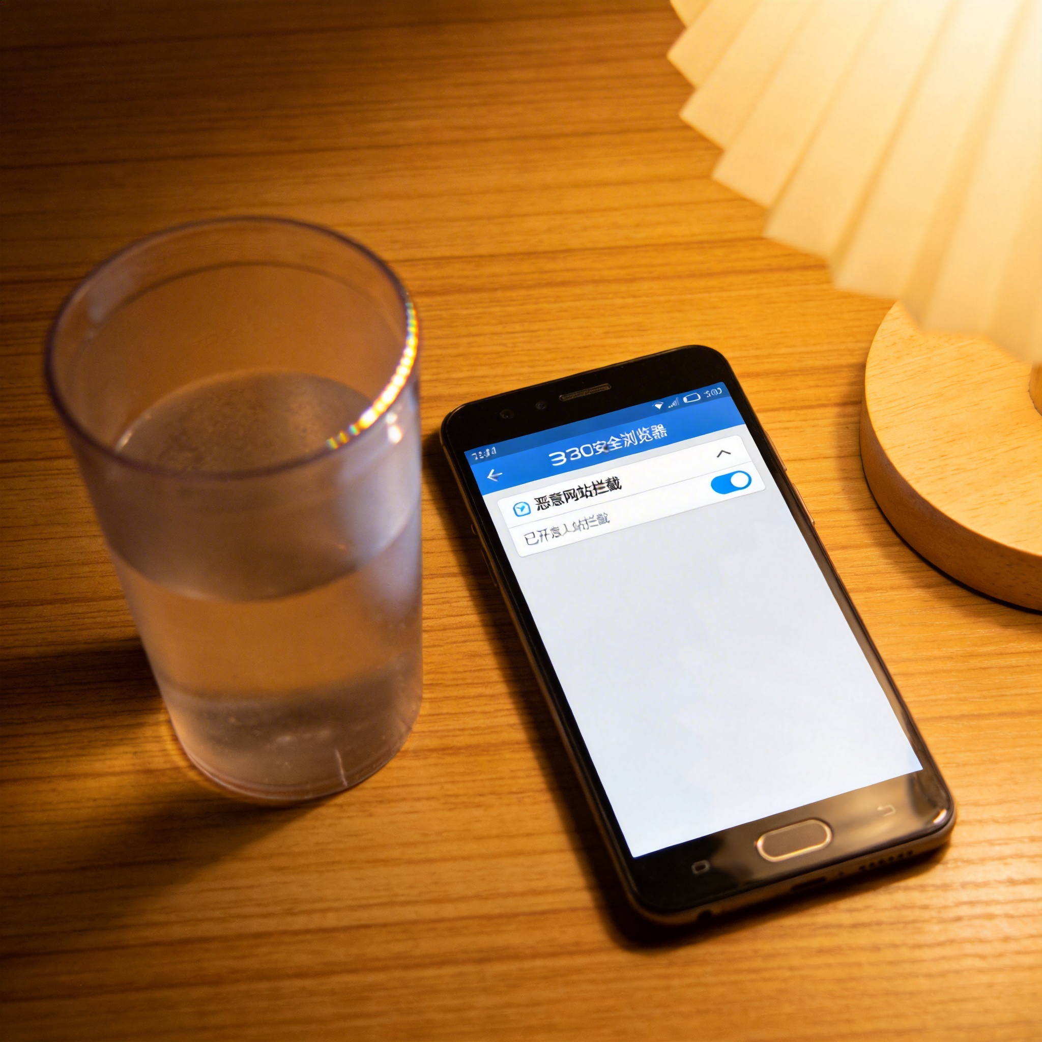 书桌上的安卓手机，屏幕显示360安全浏览器安卓版的设置界面，“恶意网站拦截”选项已开启，旁边放着半透明水杯，台灯暖光