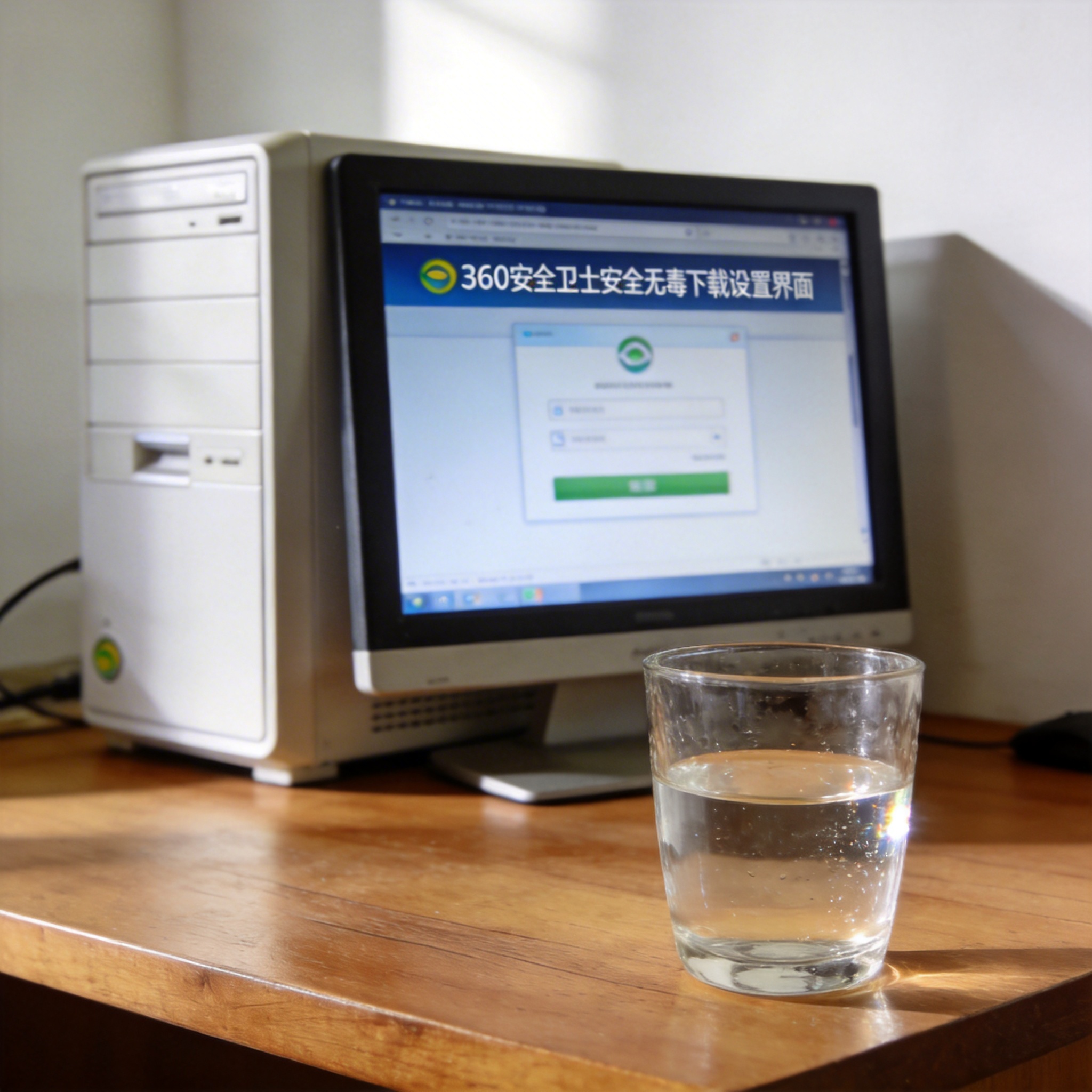 书桌上的主机，屏幕显示360 安全卫士安全无毒下载设置界面，桌角放着水杯，自然光