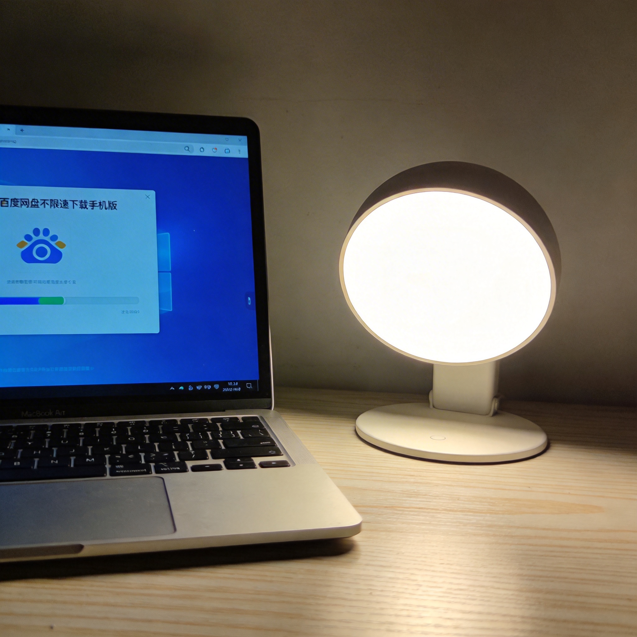 电脑桌上的电脑，屏幕显示百度网盘不限速下载手机版进度条，旁边放着台灯