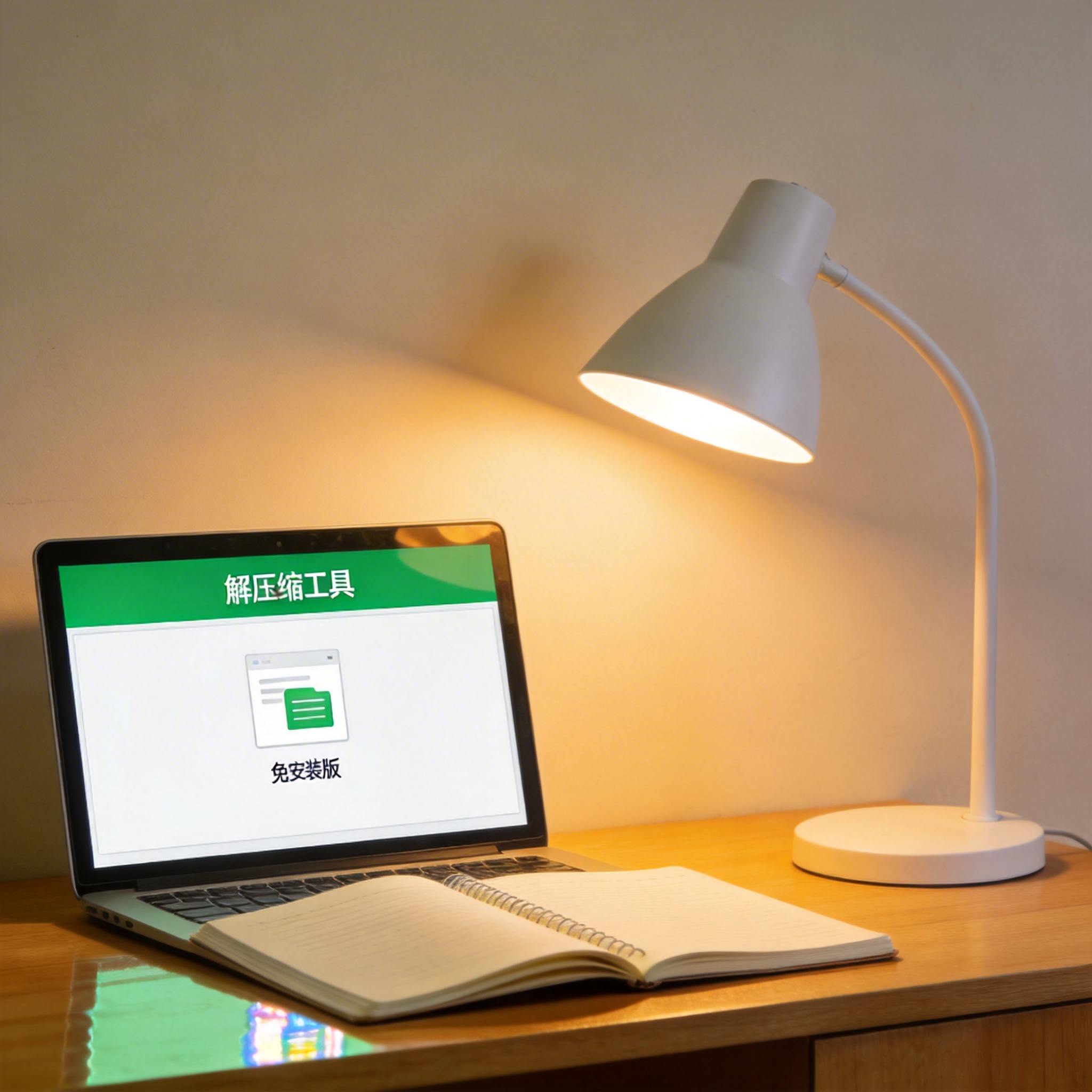 电脑桌上的笔记本，屏幕显示绿色版解压缩工具免安装界面，旁边放着台灯