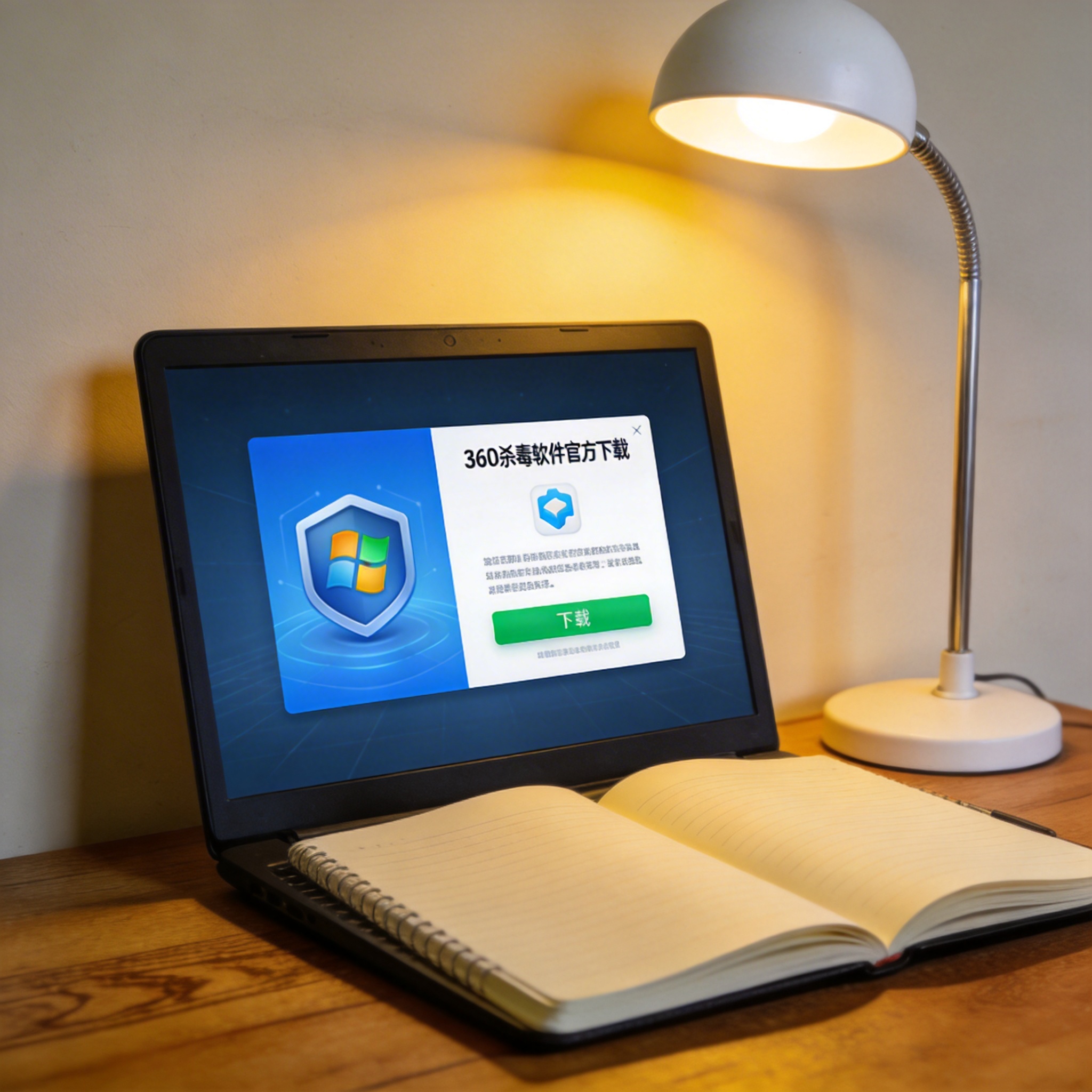 电脑桌上的笔记本，屏幕显示360 杀毒软件官方下载界面，旁边放着台灯