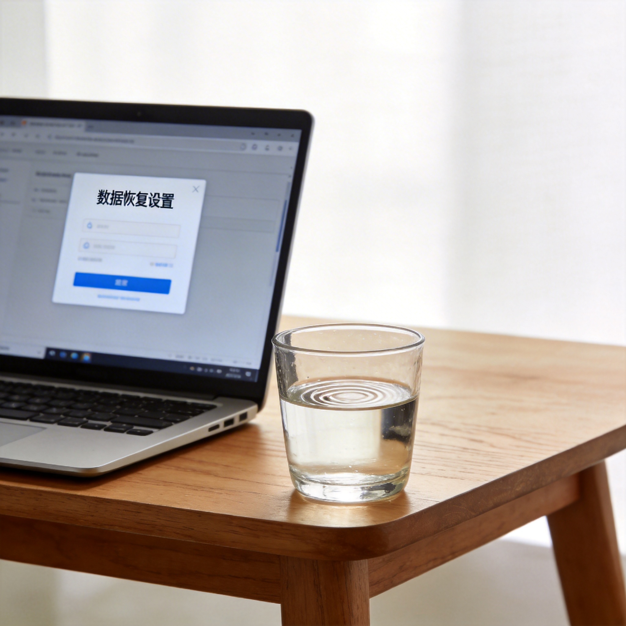 书桌上的笔记本，屏幕显示数据恢复设置界面，桌角放着水杯，自然光