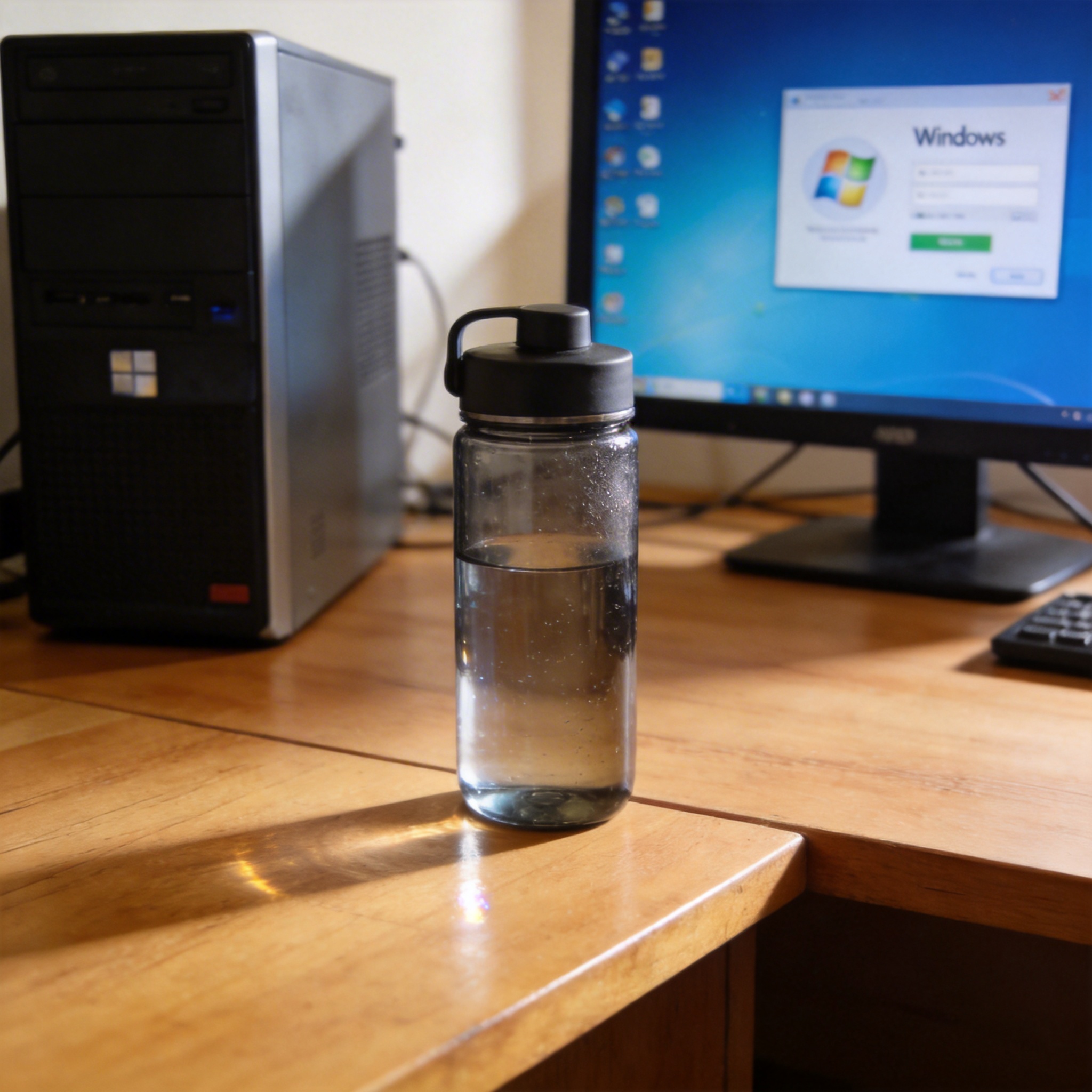 书桌上的主机，屏幕显示Windows设置界面，桌角放着水杯，自然光