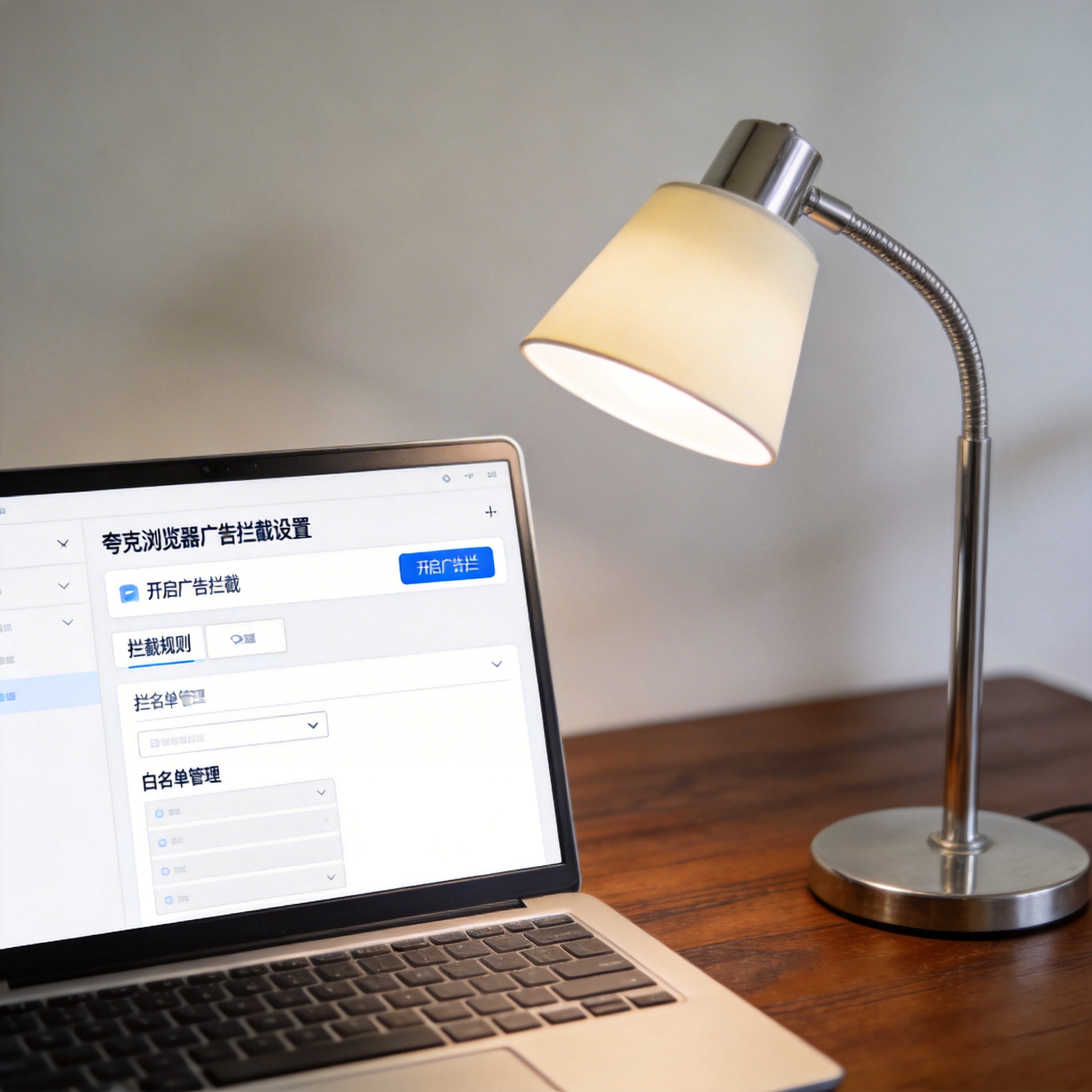 电脑桌上的电脑，屏幕显示夸克浏览器广告拦截设置界面，旁边放着台灯