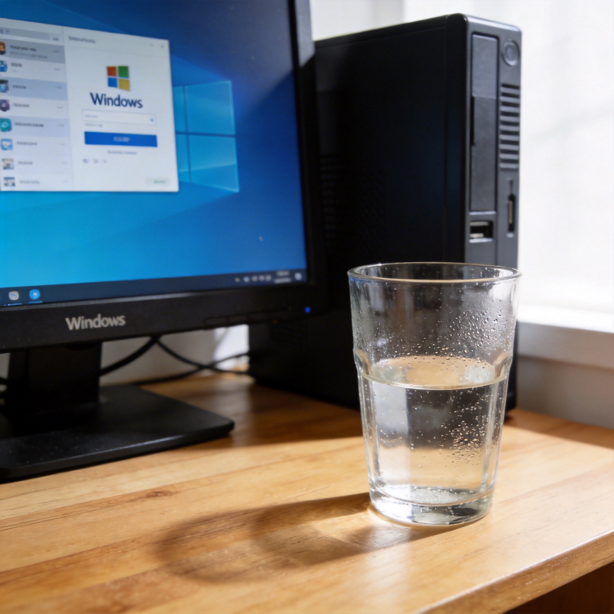 书桌上的主机，屏幕显示Windows设置界面，桌角放着水杯，自然光