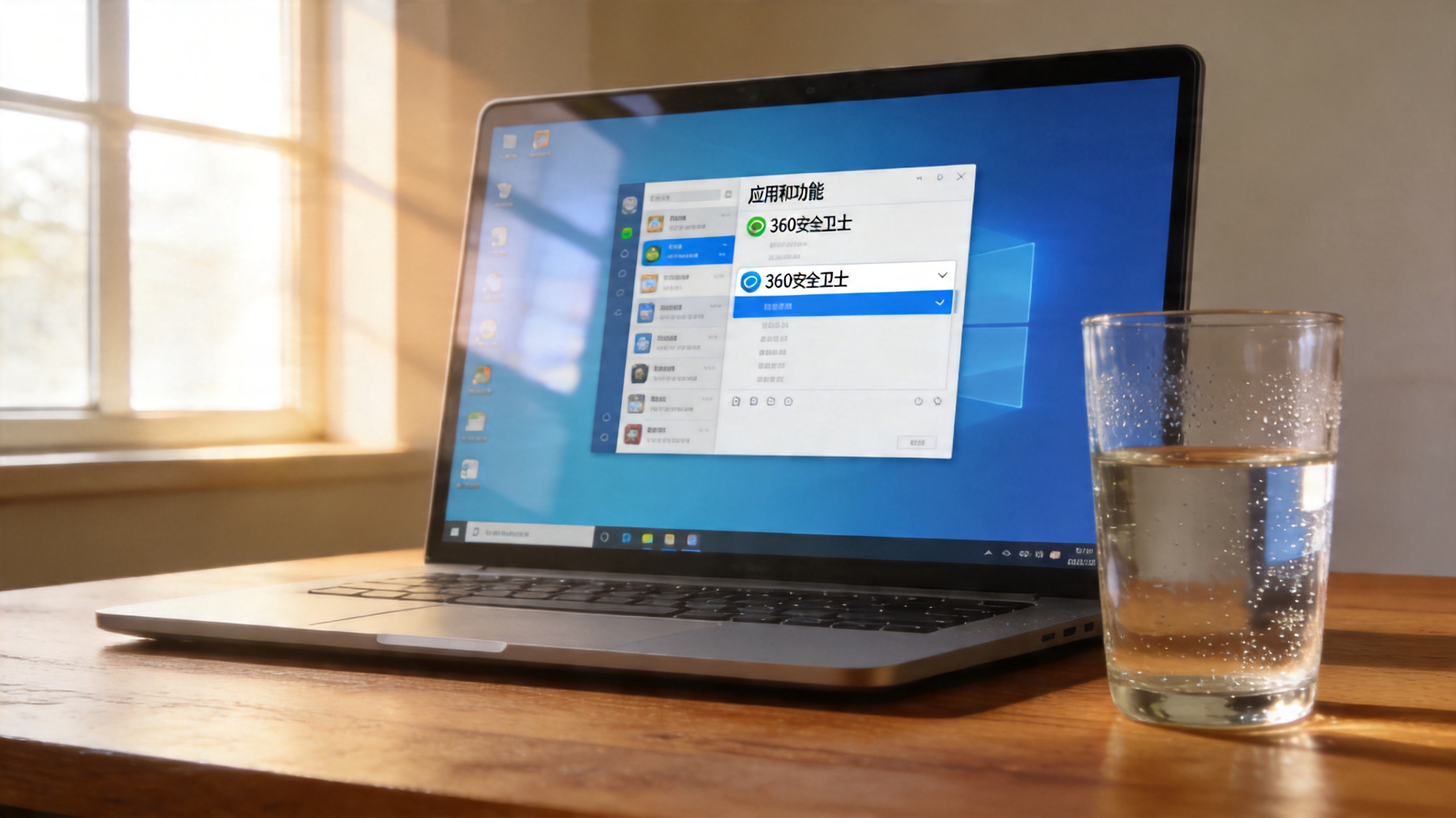 电脑桌面，屏幕显示Windows系统应用和功能界面，列表里选中360安全卫士选项，旁边放着半玻璃杯温水，室内自然光