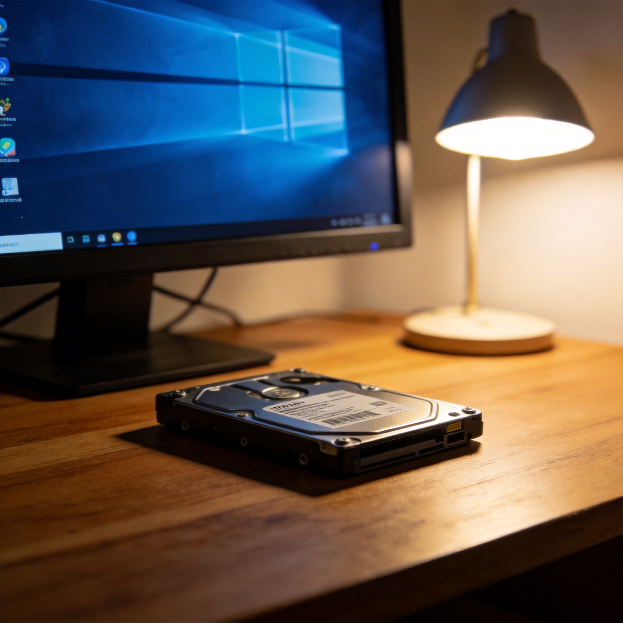 电脑桌上的硬盘，屏幕显示Windows界面，旁边放着台灯