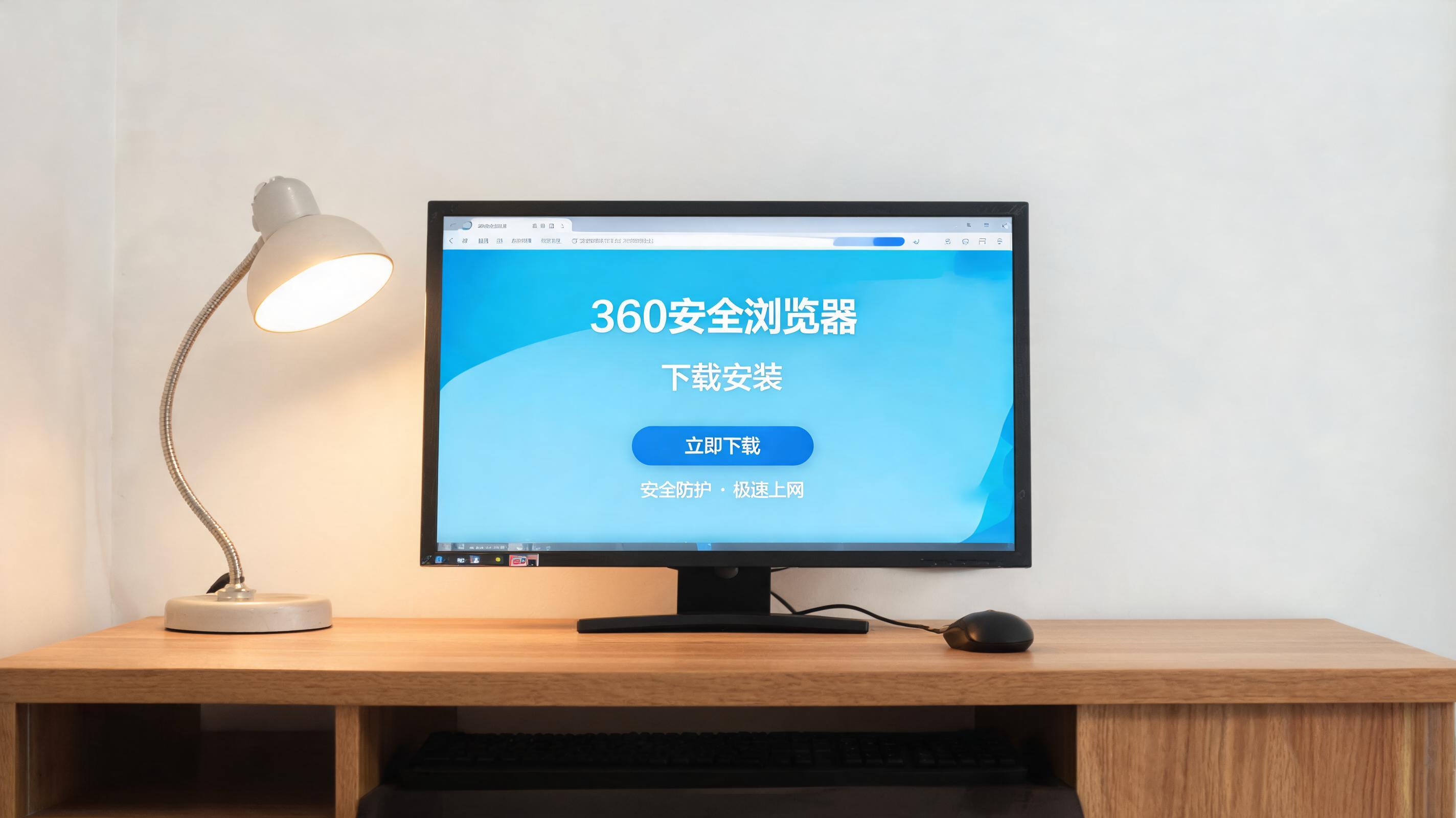 电脑桌上的电脑，屏幕显示安全浏览器 360 下载安装界面，旁边放着台灯