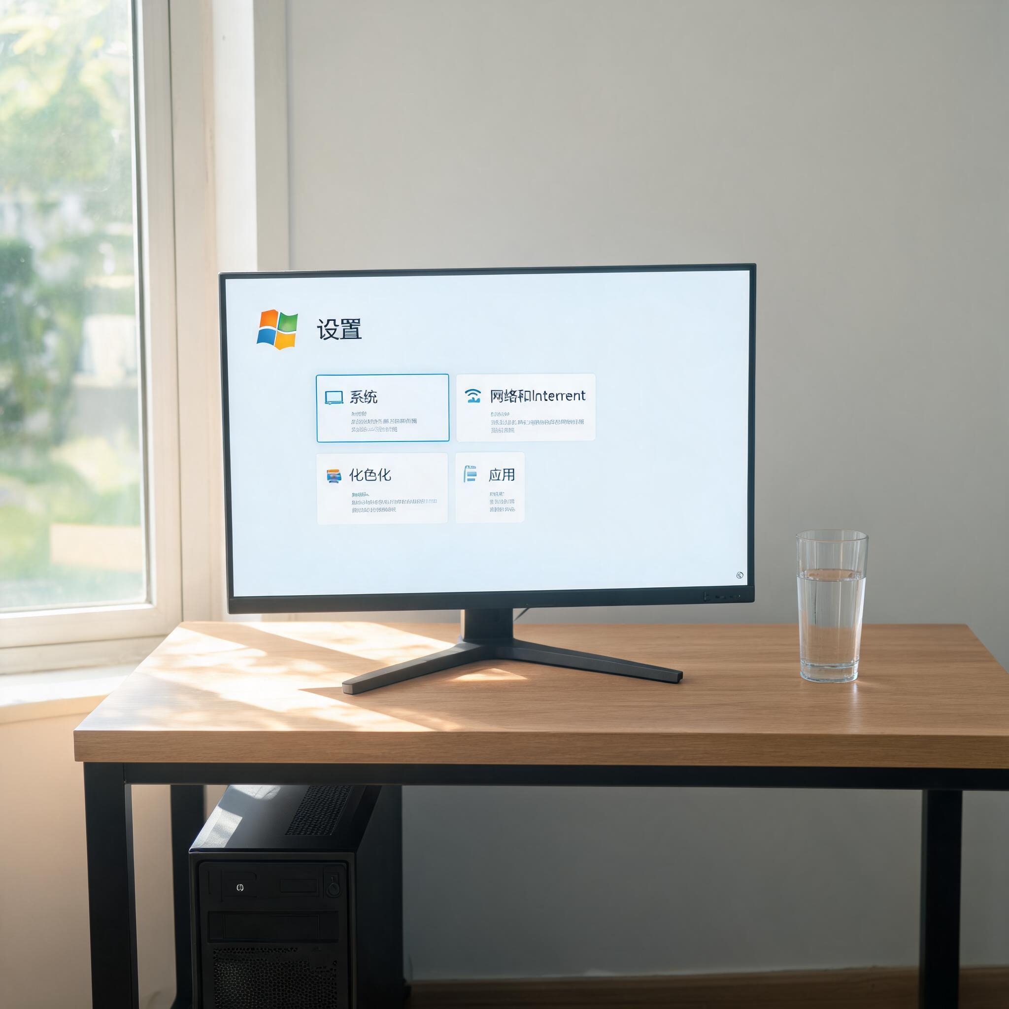 书桌上的主机，屏幕显示Windows设置界面，桌角放着水杯，自然光