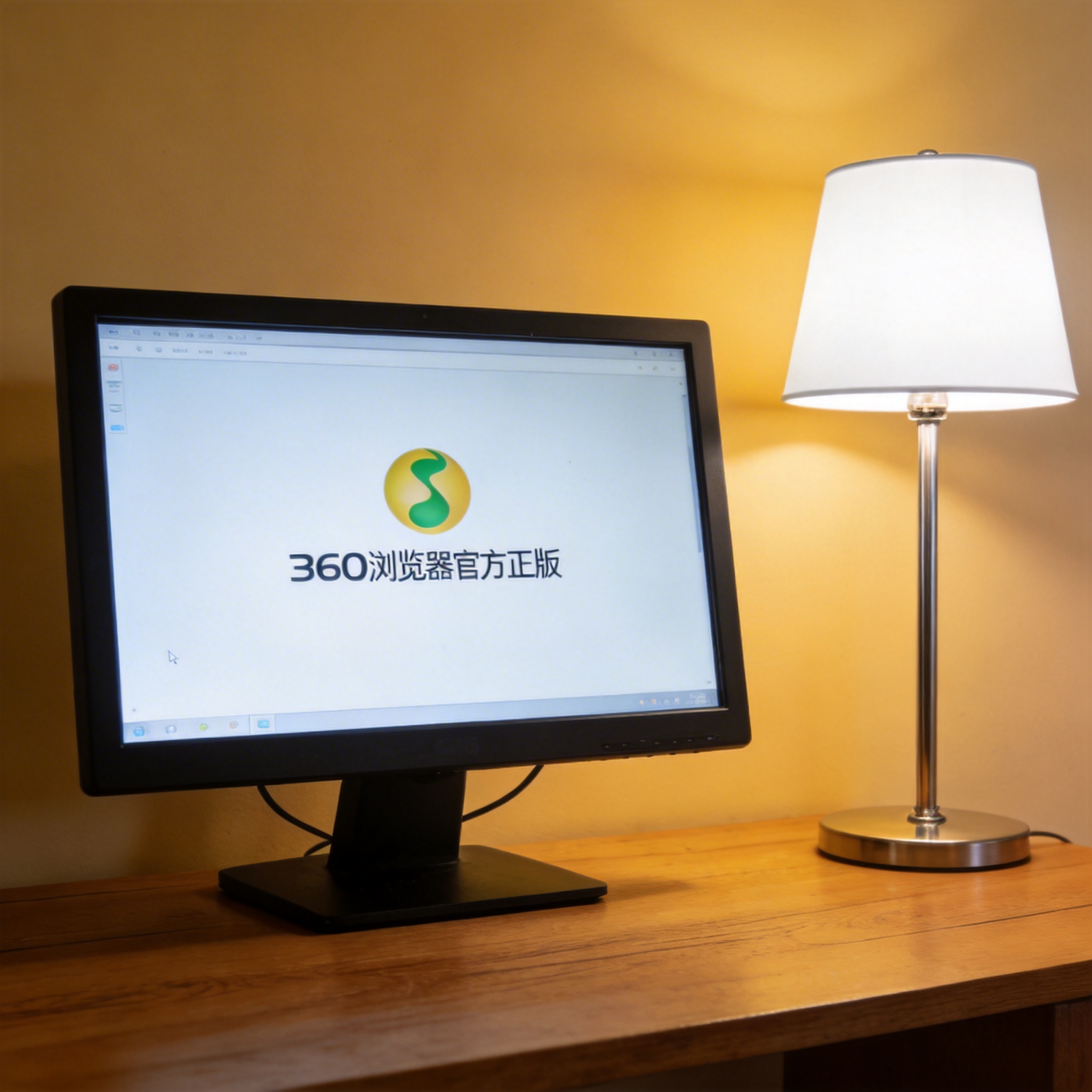 电脑桌上的电脑，屏幕显示360 浏览器官方正版桌面，旁边放着台灯