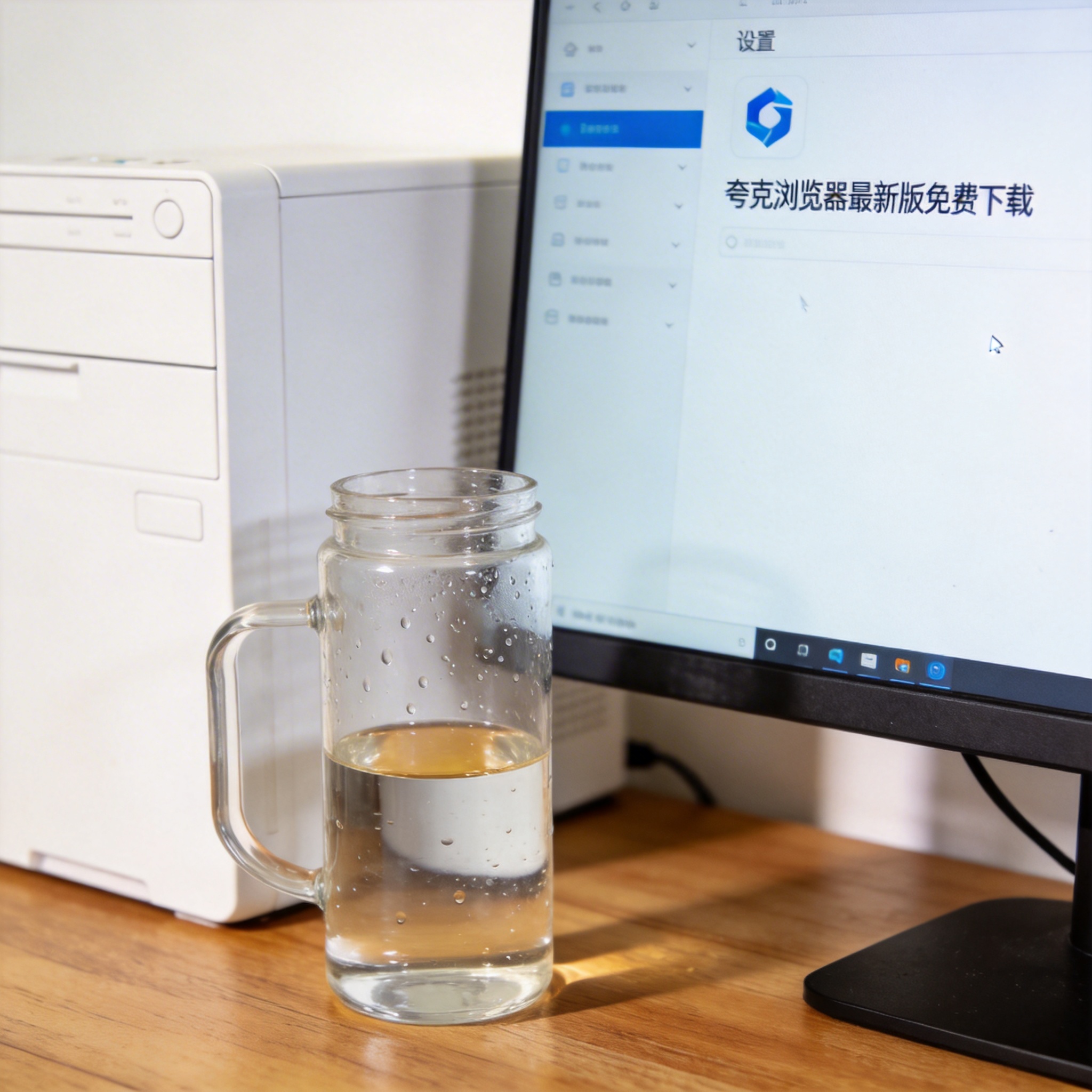 书桌上的主机，屏幕显示夸克浏览器最新版免费下载设置界面，桌角放着水杯，自然光