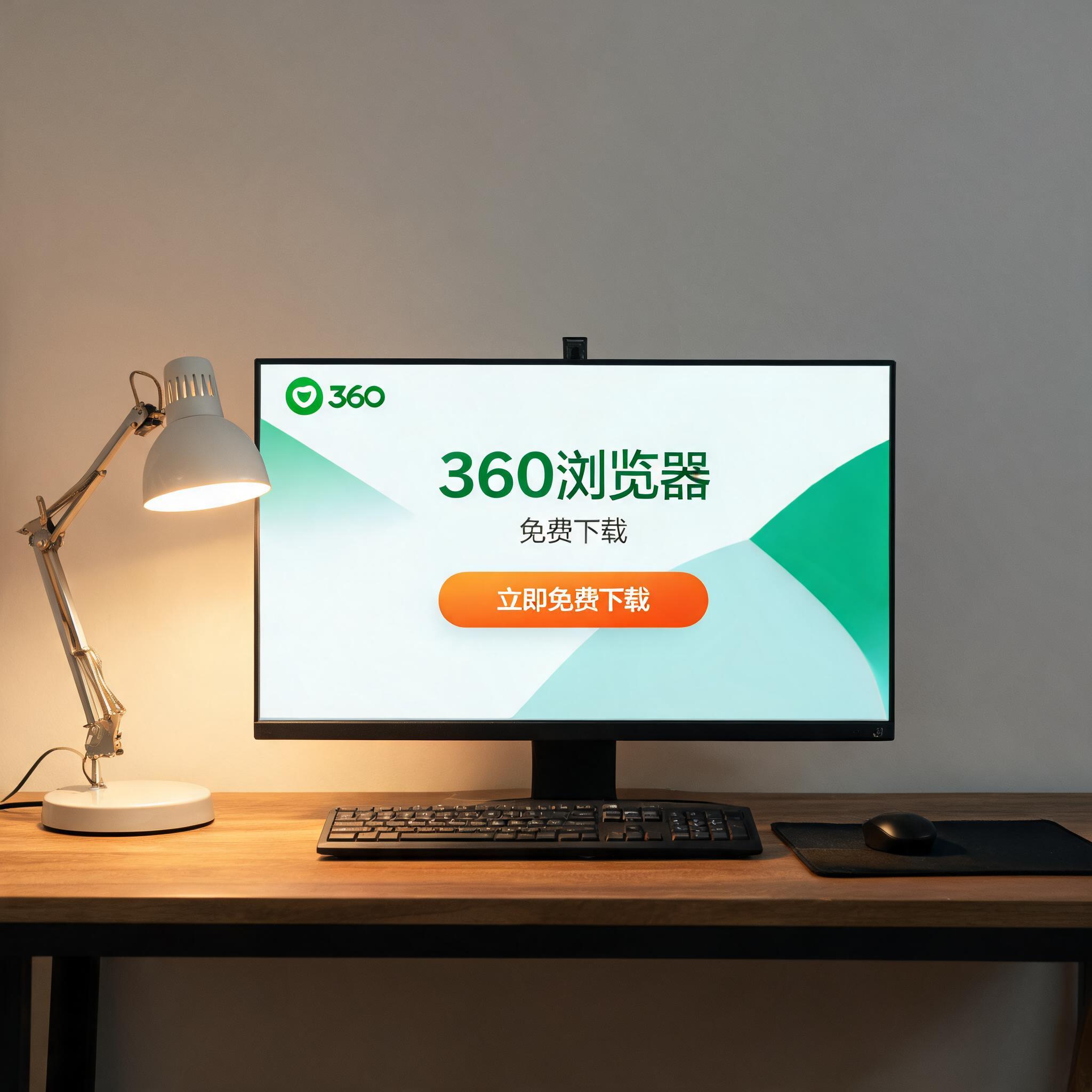 电脑桌上的电脑，屏幕显示360 浏览器免费下载界面，旁边放着台灯