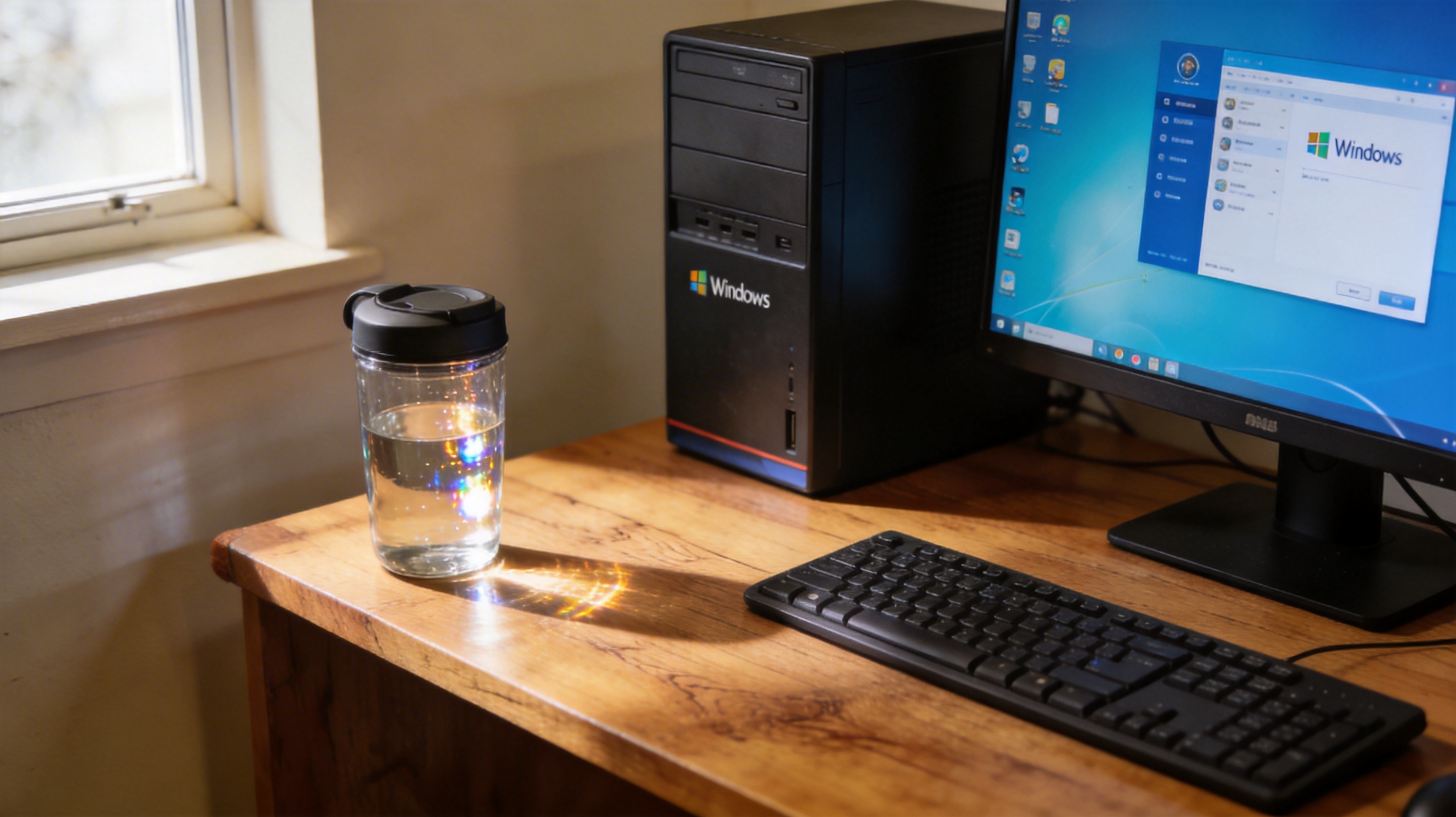 书桌上的主机，屏幕显示Windows设置界面，桌角放着水杯，自然光