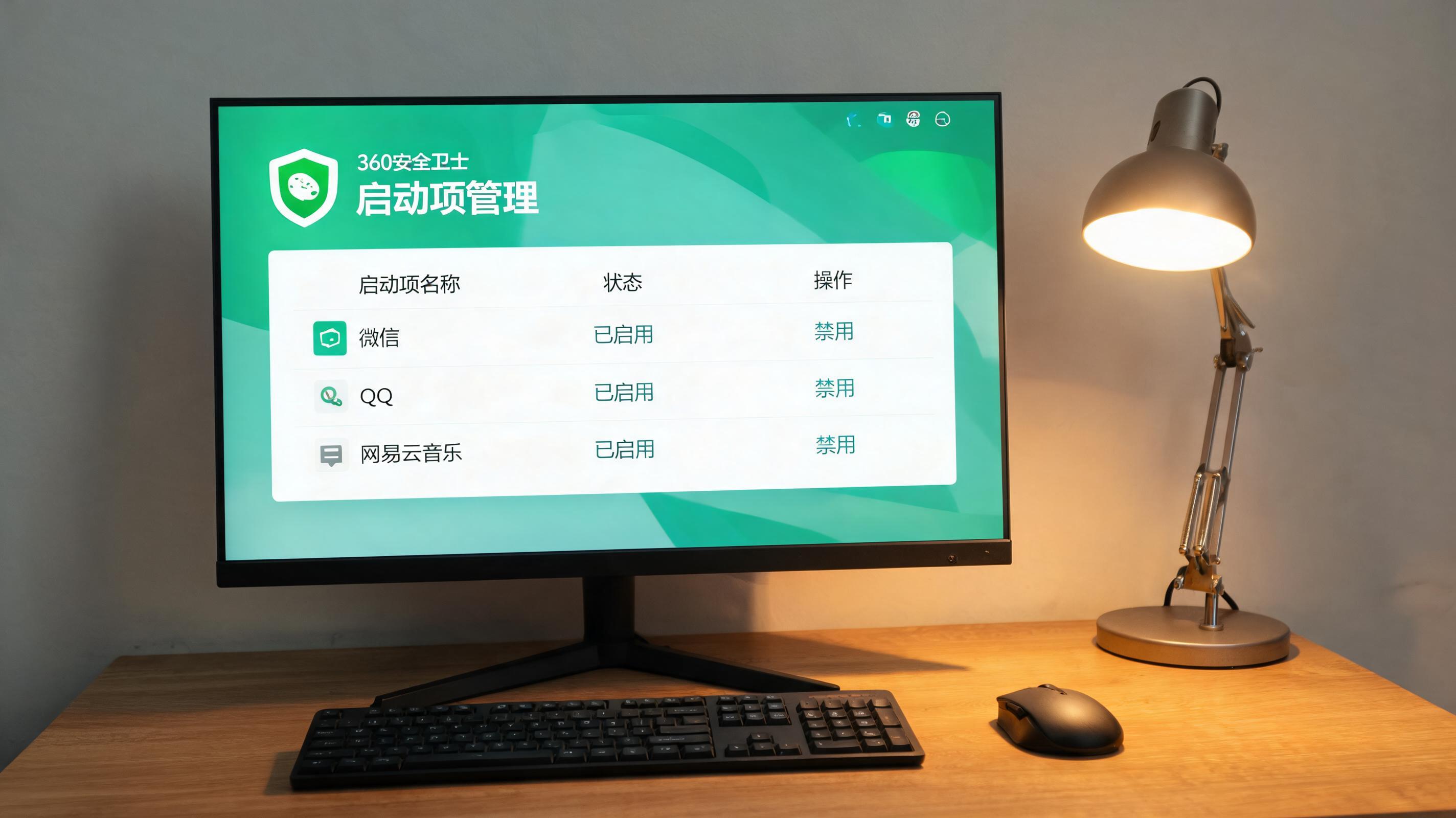 电脑桌上的电脑，屏幕显示360 卫士启动项管理启动项，旁边放着台灯