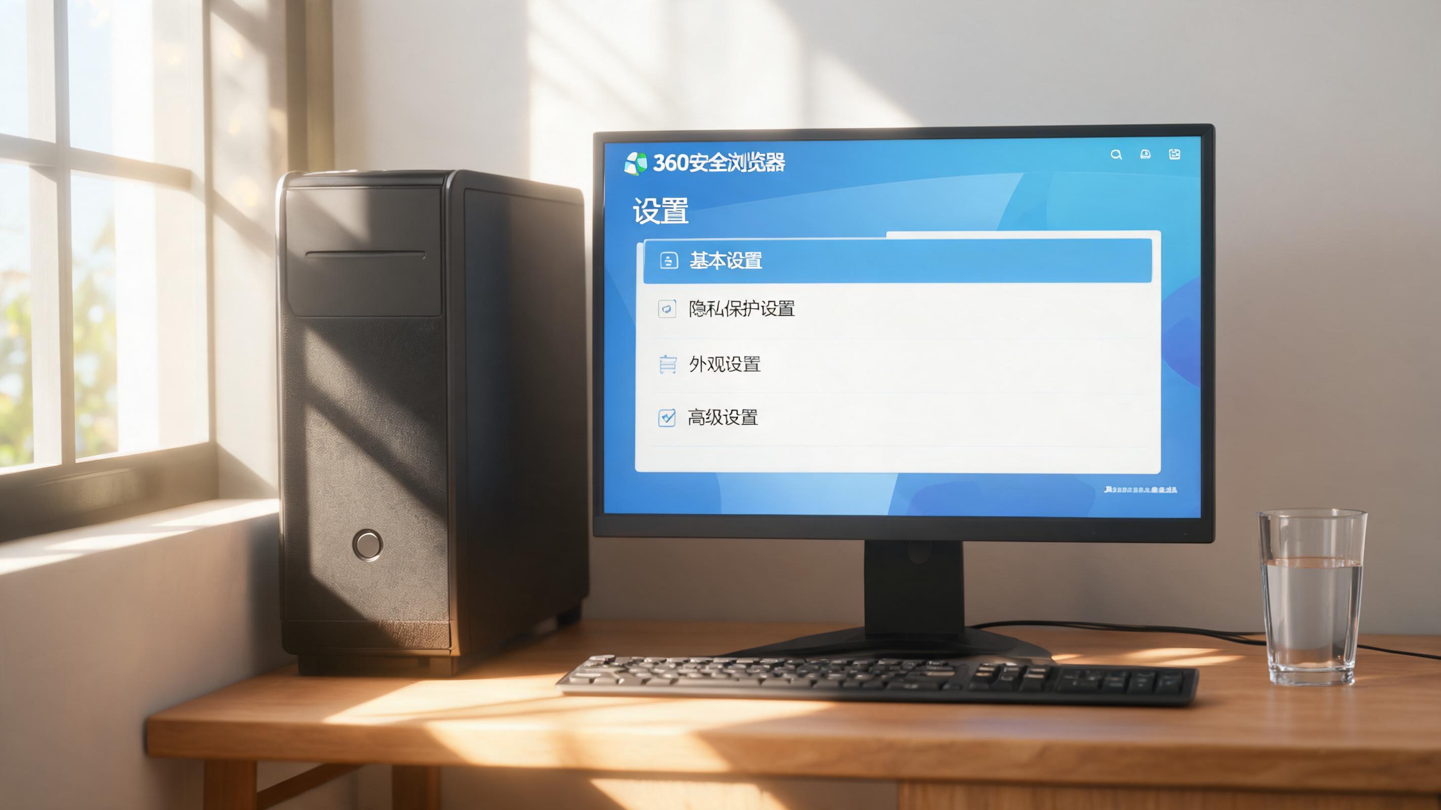 书桌上的主机，屏幕显示360 安全浏览器电脑版设置界面，桌角放着水杯，自然光