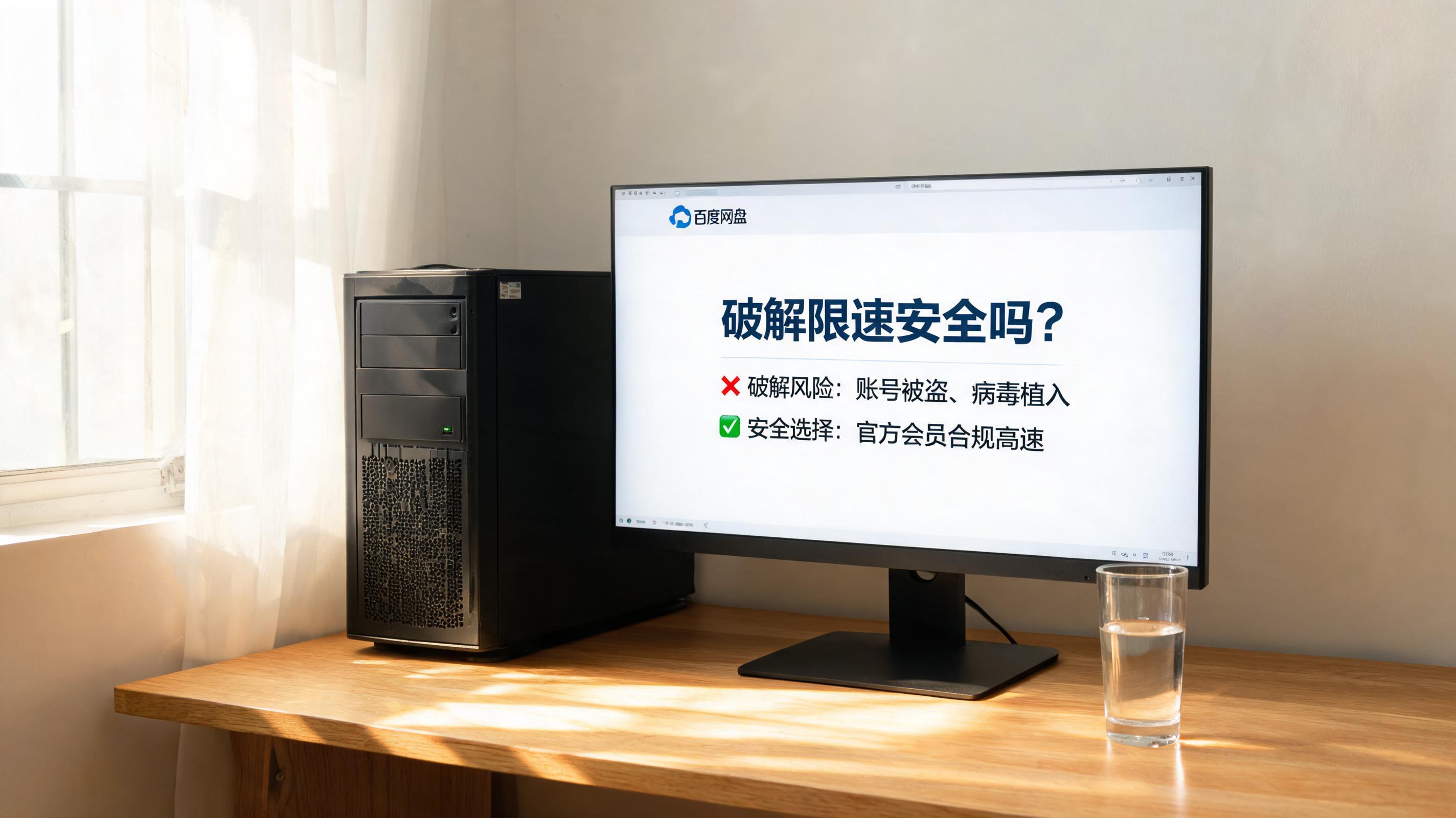 书桌上的主机，屏幕显示百度网盘破解限速安全吗设置界面，桌角放着水杯，自然光