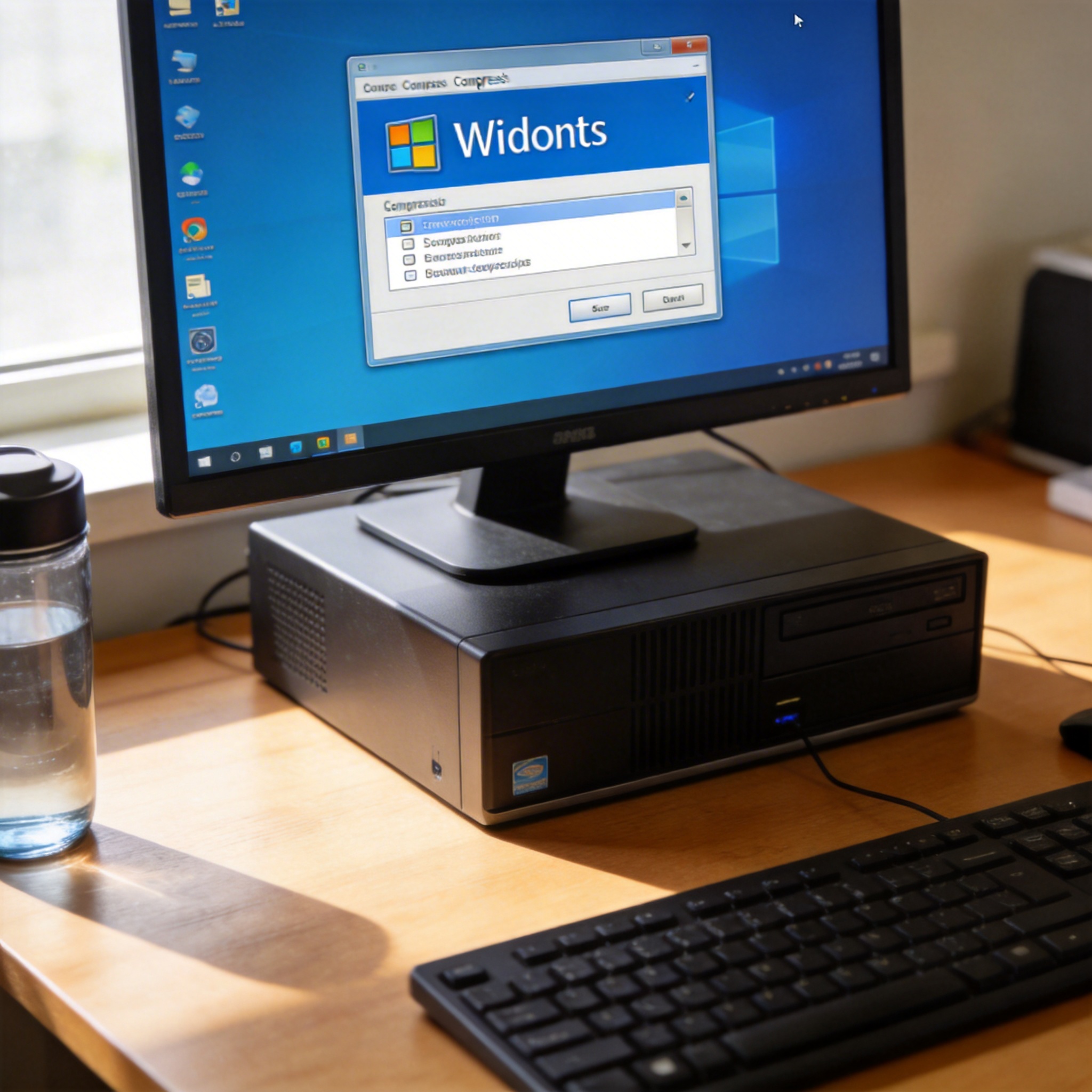 书桌上的主机，屏幕显示电脑端 win 压缩解压缩工具设置界面，桌角放着水杯，自然光