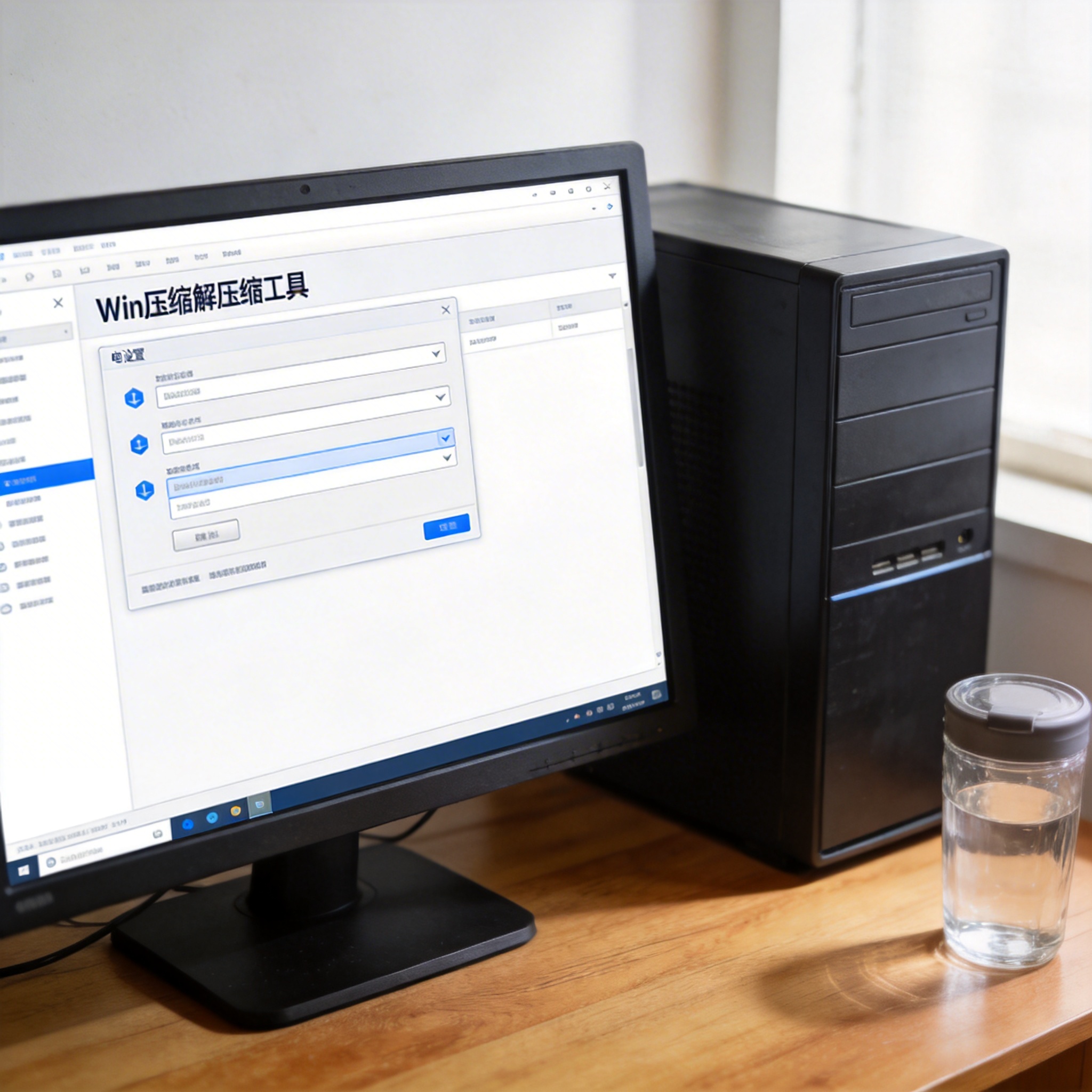 书桌上的主机，屏幕显示电脑端 win 压缩解压缩工具设置界面，桌角放着水杯，自然光