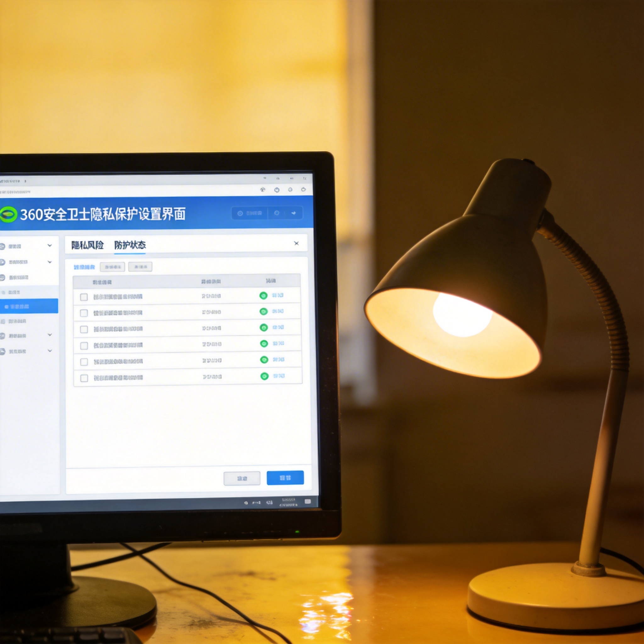 电脑桌上的电脑，屏幕显示360 安全卫士隐私保护设置界面，旁边放着台灯