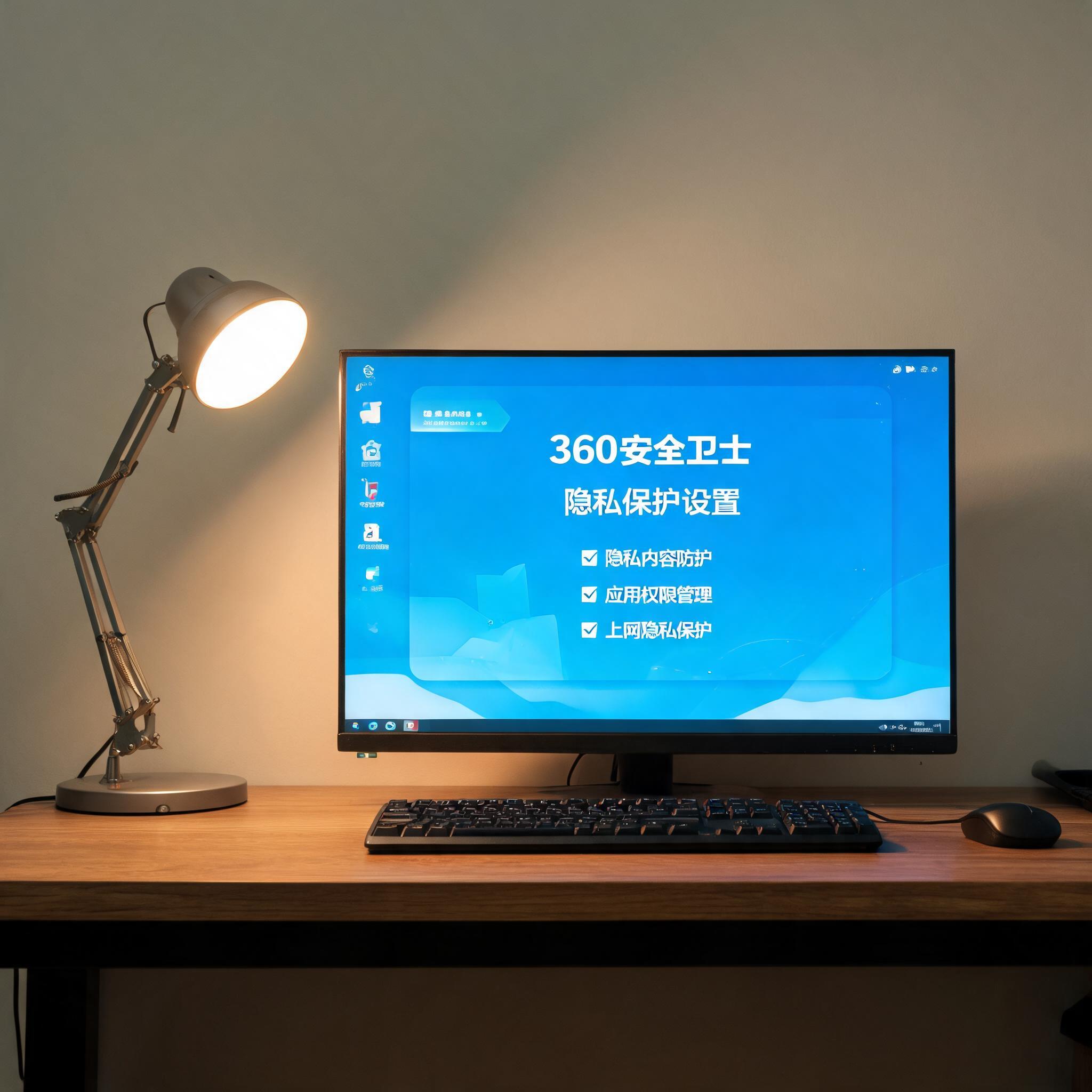 电脑桌上的电脑，屏幕显示360 安全卫士隐私保护设置界面，旁边放着台灯