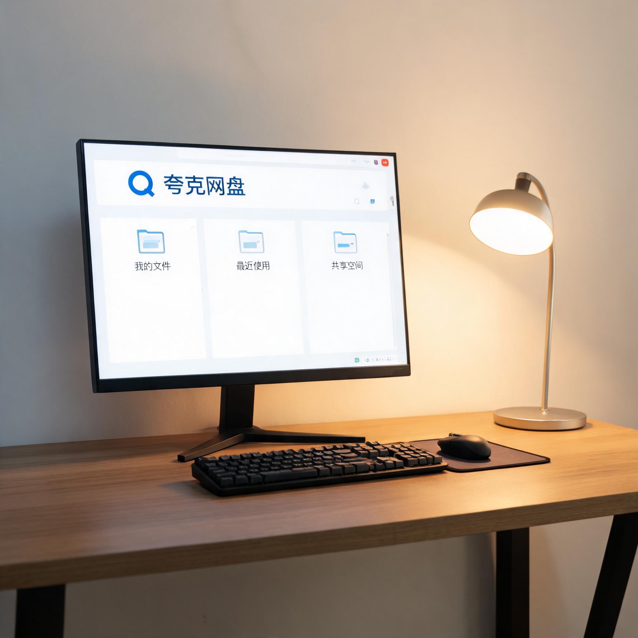 电脑桌上的电脑，屏幕显示夸克网盘桌面，旁边放着台灯