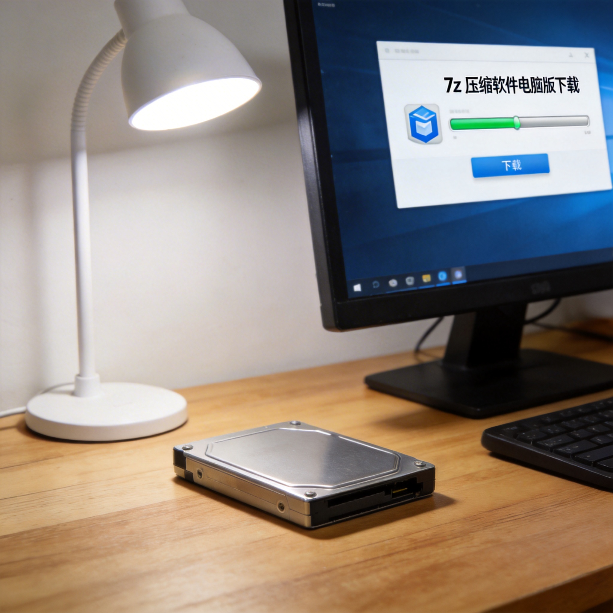 电脑桌上的硬盘，屏幕显示7z 压缩软件电脑版下载界面，旁边放着台灯