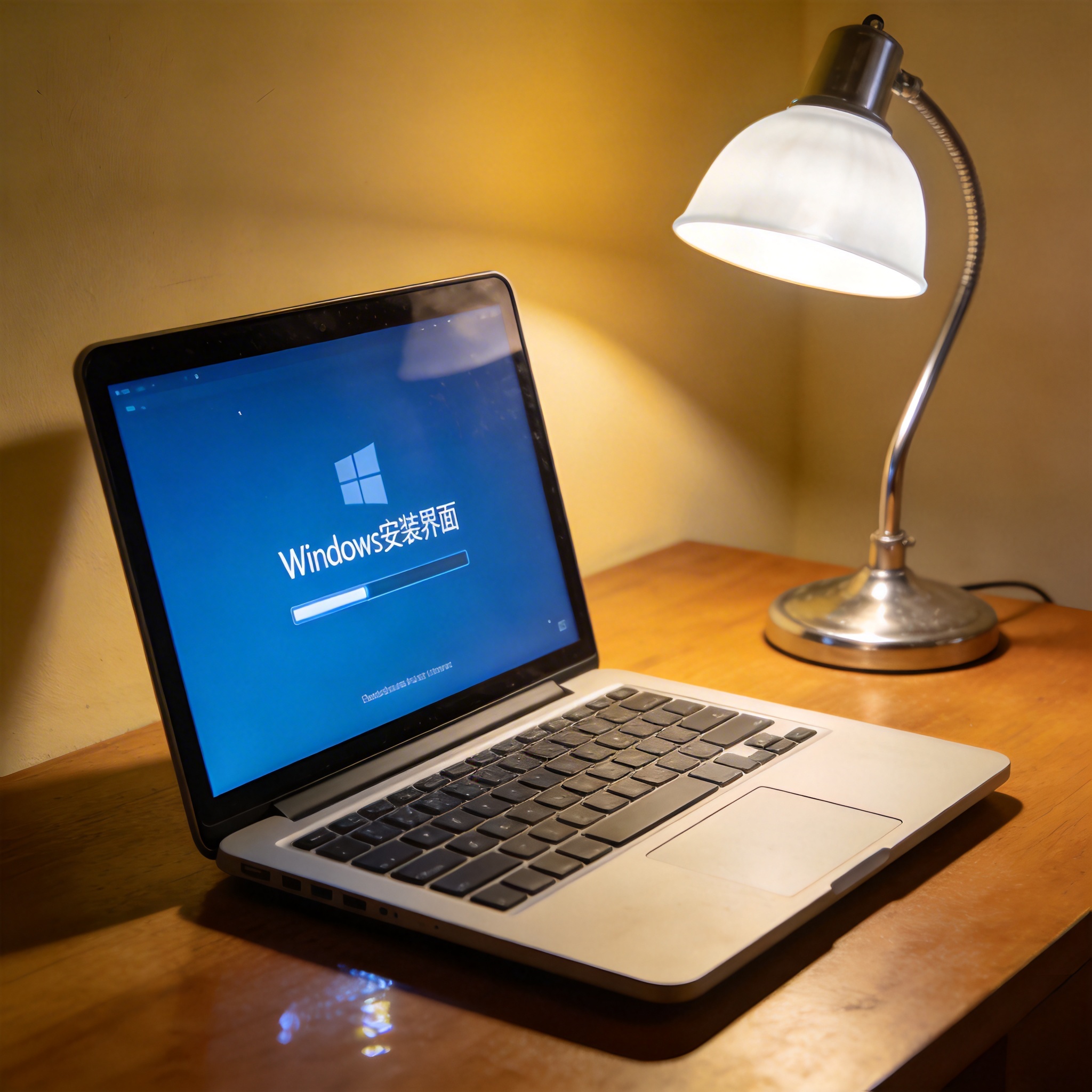 电脑桌上的电脑，屏幕显示Windows安装界面，旁边放着台灯