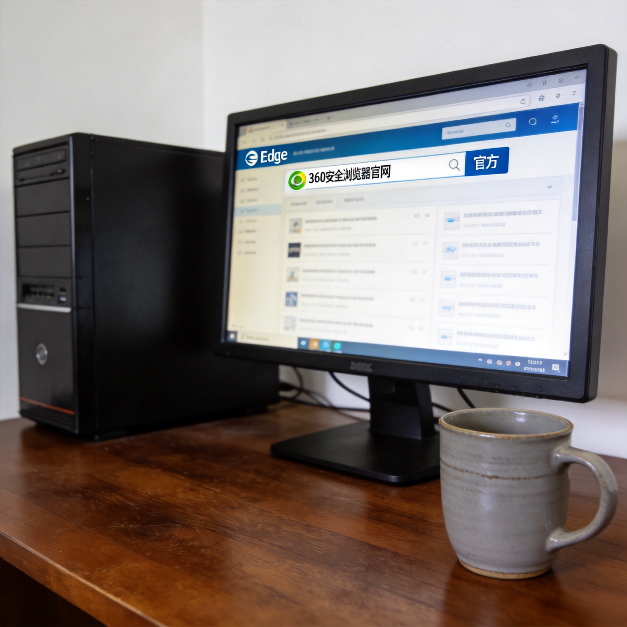 电脑桌前的台式机，屏幕显示Edge浏览器搜索结果，带“官方”标识的360安全浏览器官网链接排在首位，桌面放着陶瓷水杯，室内自然光