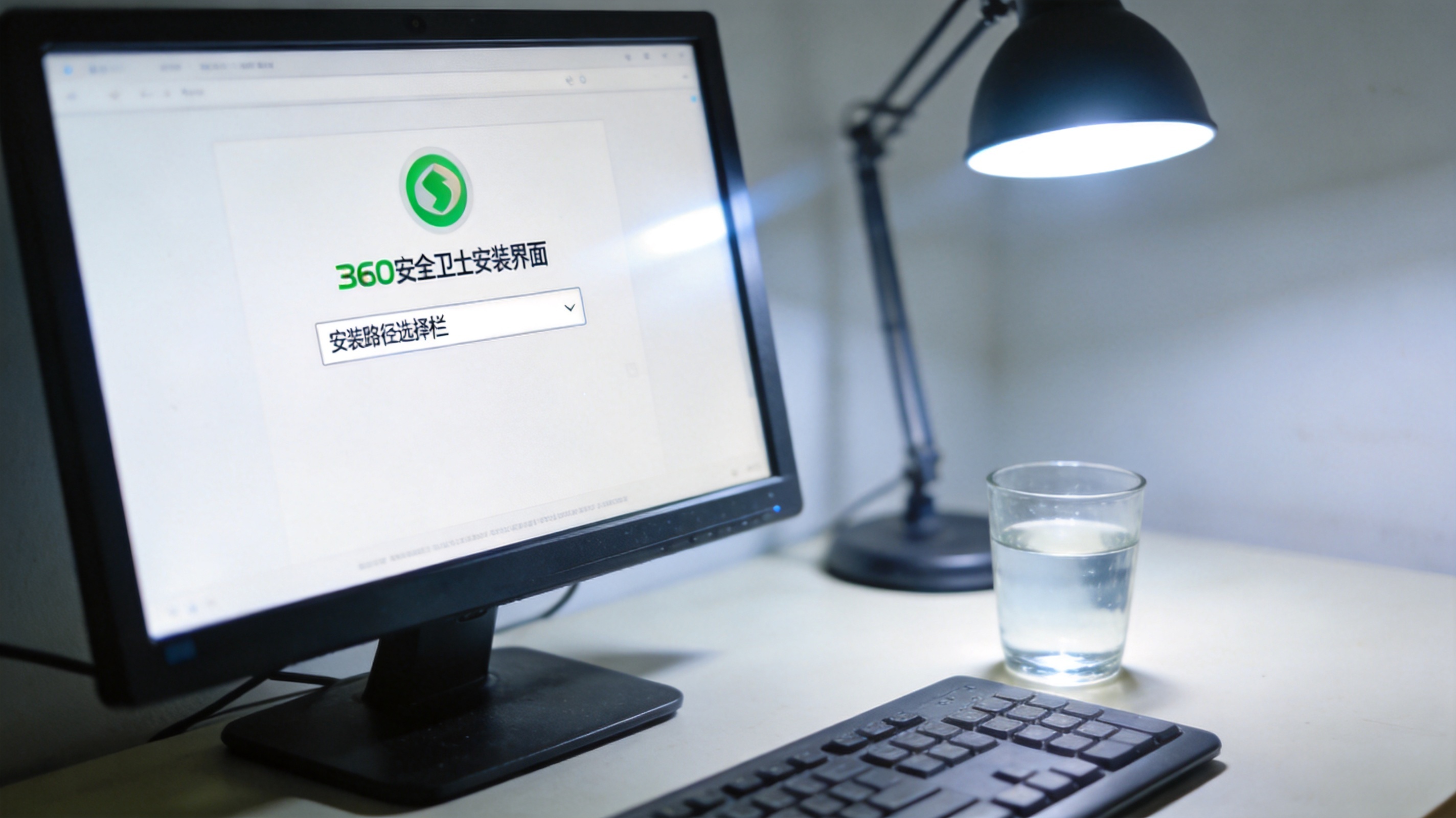 电脑屏幕显示360安全卫士安装界面，界面上有安装路径选择栏，桌面旁放着半杯温水，台灯冷光