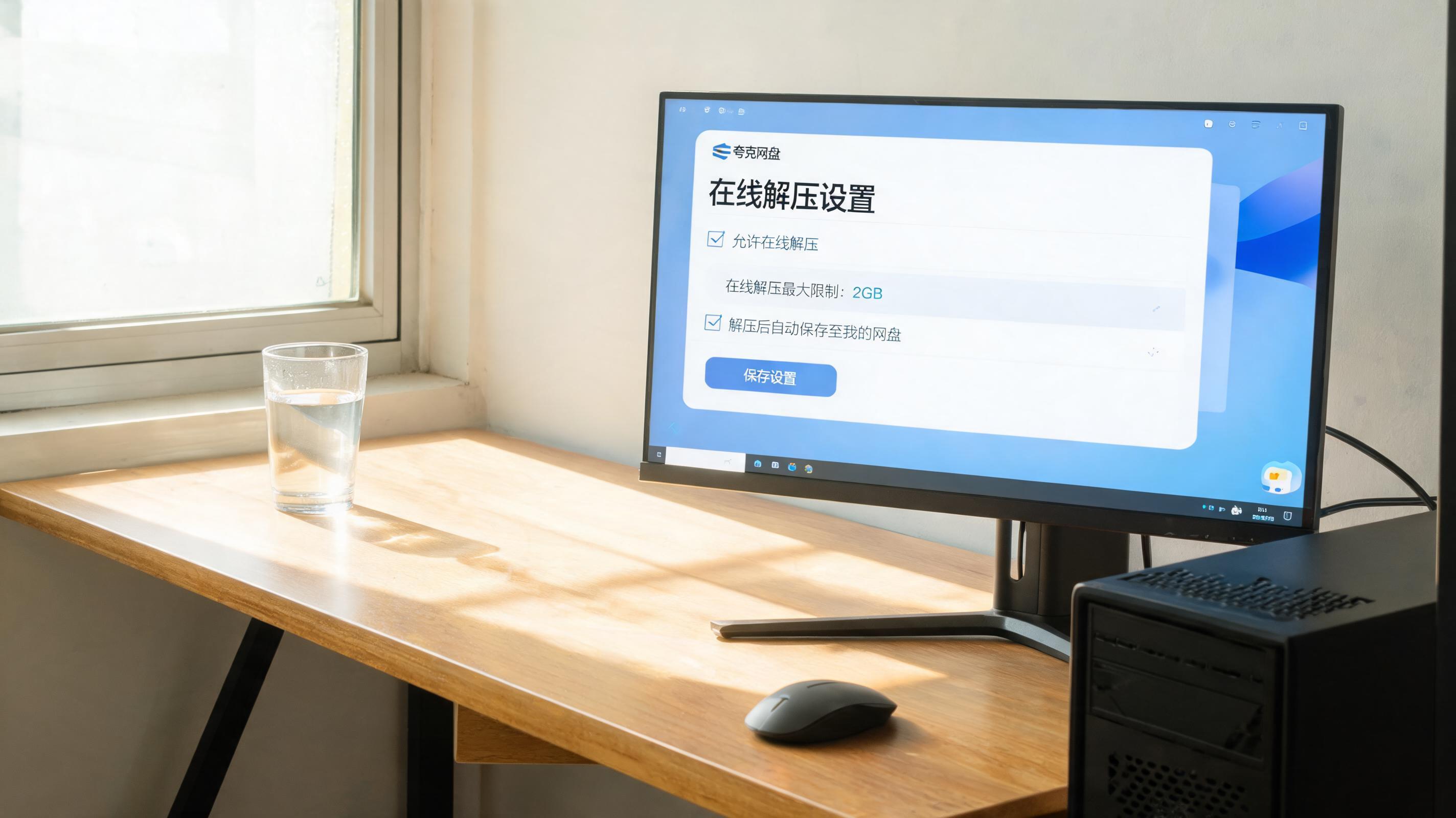 书桌上的主机，屏幕显示夸克网盘文件在线解压设置界面，桌角放着水杯，自然光