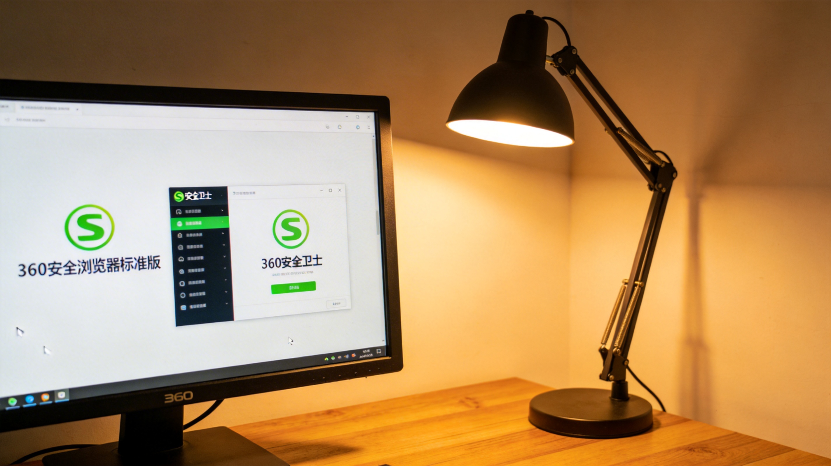 书桌上的电脑，屏幕显示360安全浏览器标准版界面，旁边是360安全卫士软件窗口，台灯暖光