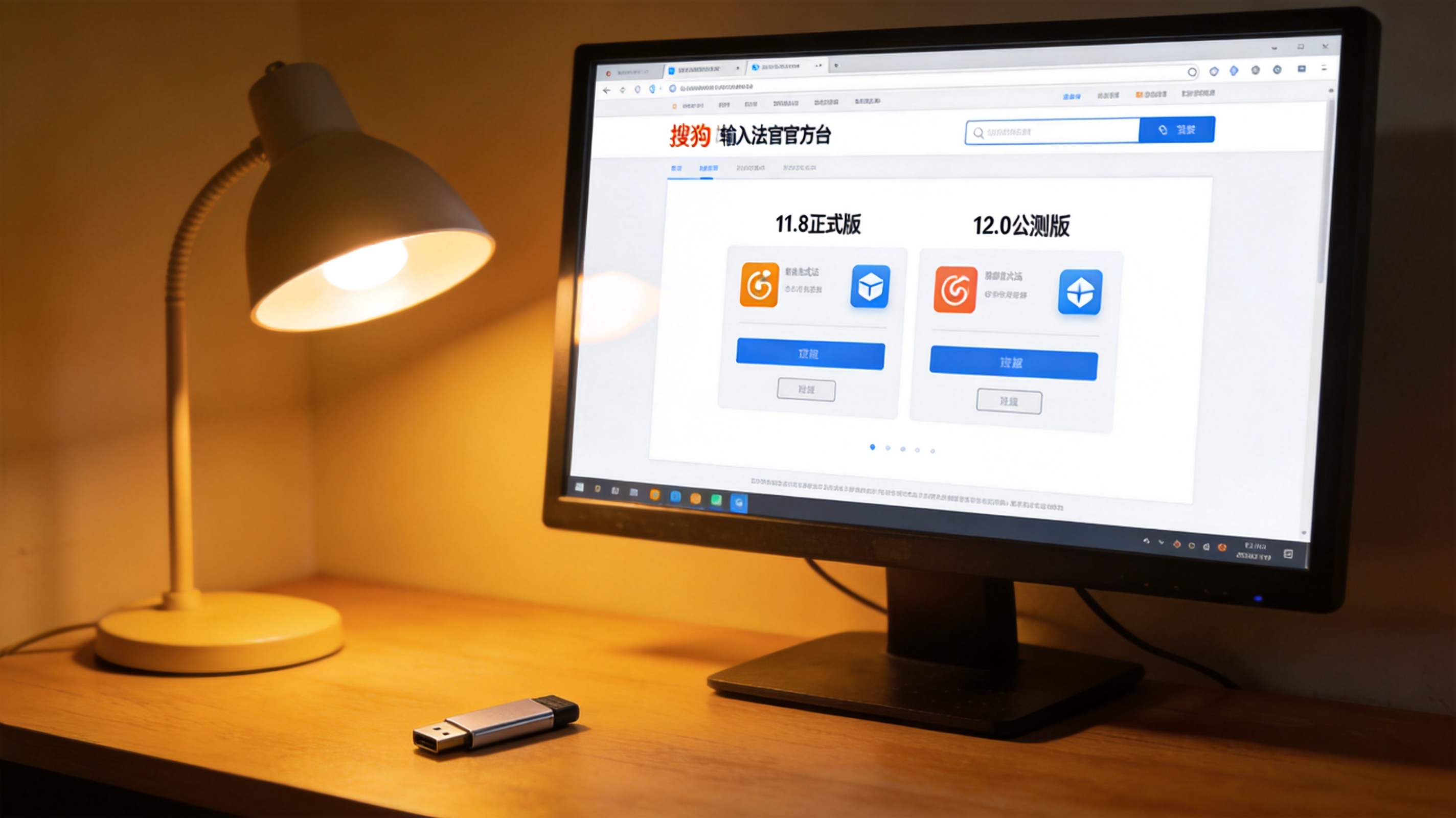 电脑屏幕显示搜狗输入法官方网站的版本下载页面，列出11.8正式版、12.0公测版选项，桌面角落有个U盘，台灯暖光