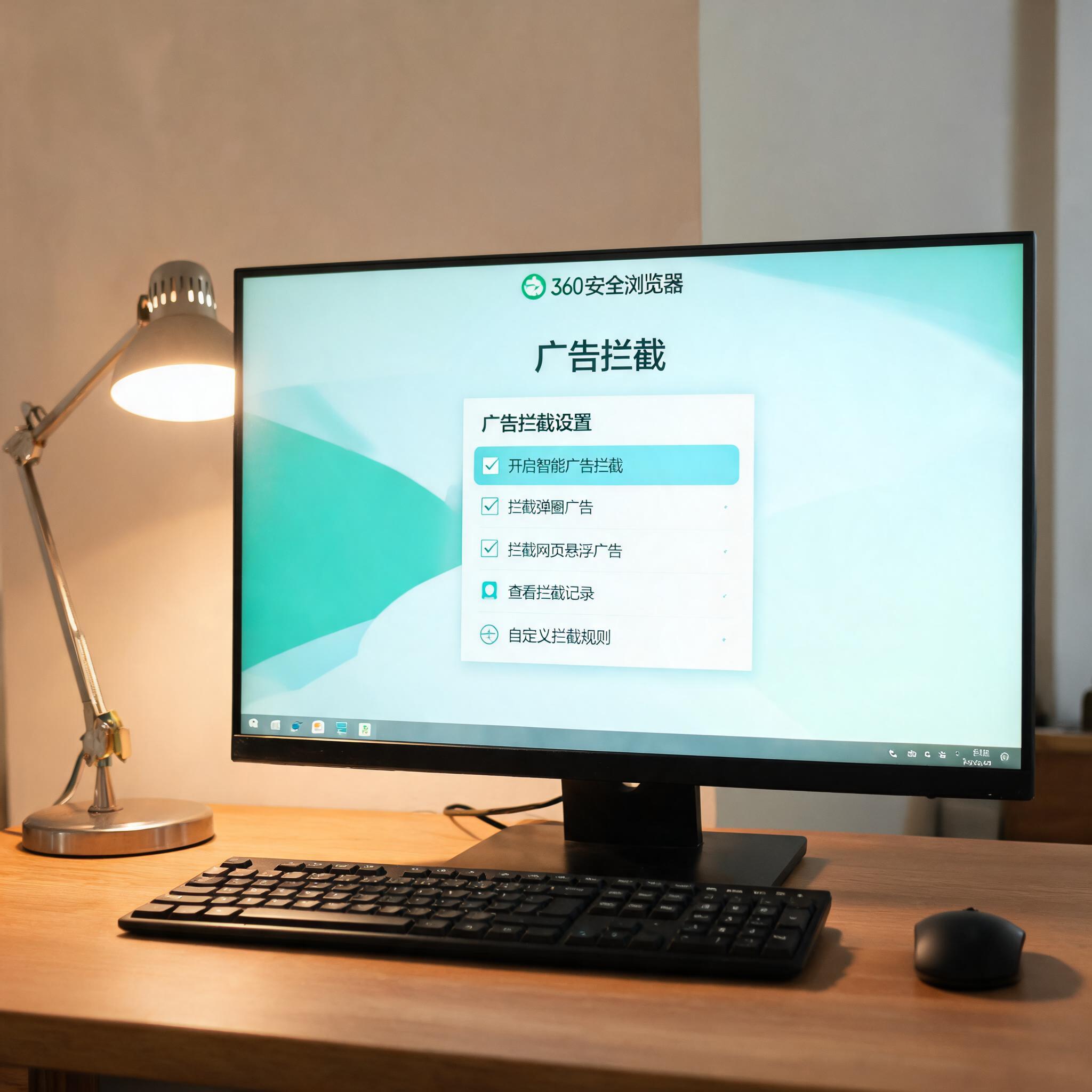 电脑桌上的电脑，屏幕显示360 安全浏览器广告拦截菜单，旁边放着台灯
