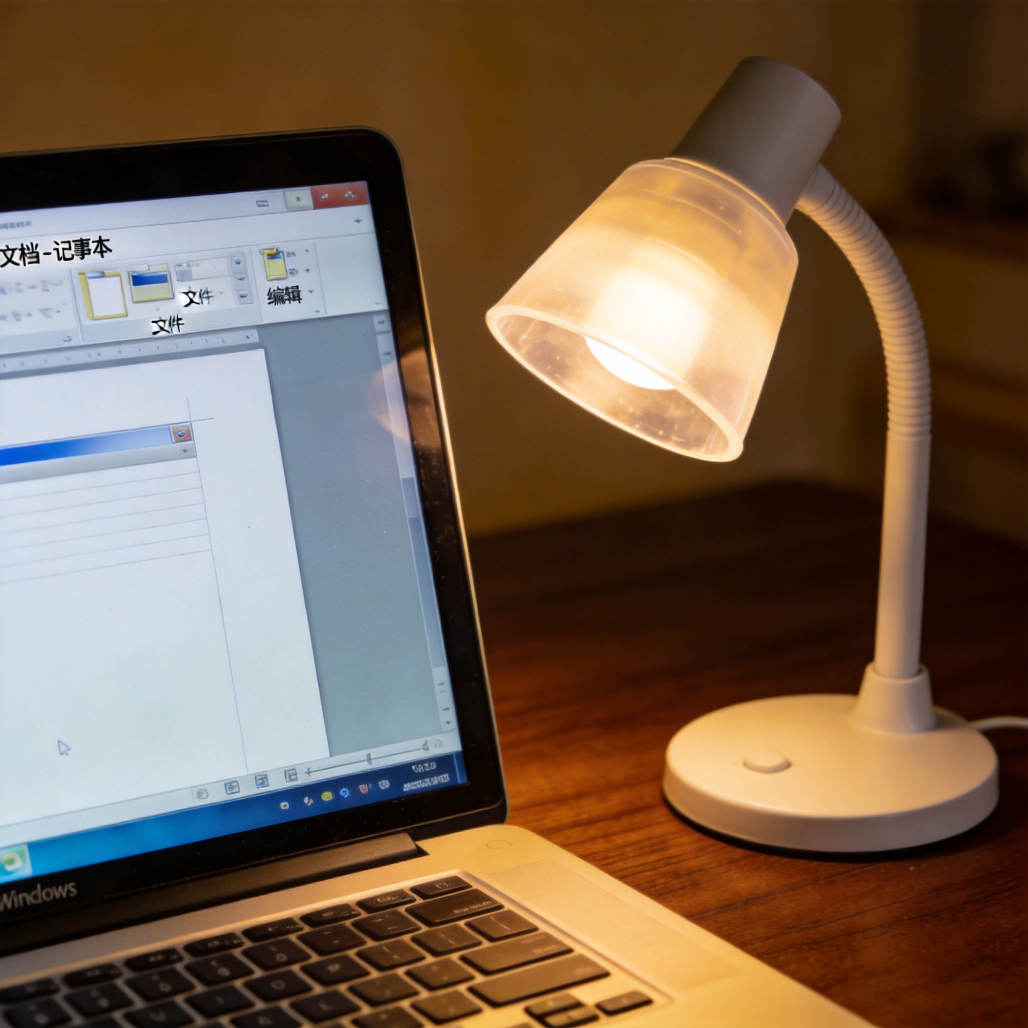 电脑桌上的电脑，屏幕显示Windows窗口，旁边放着台灯