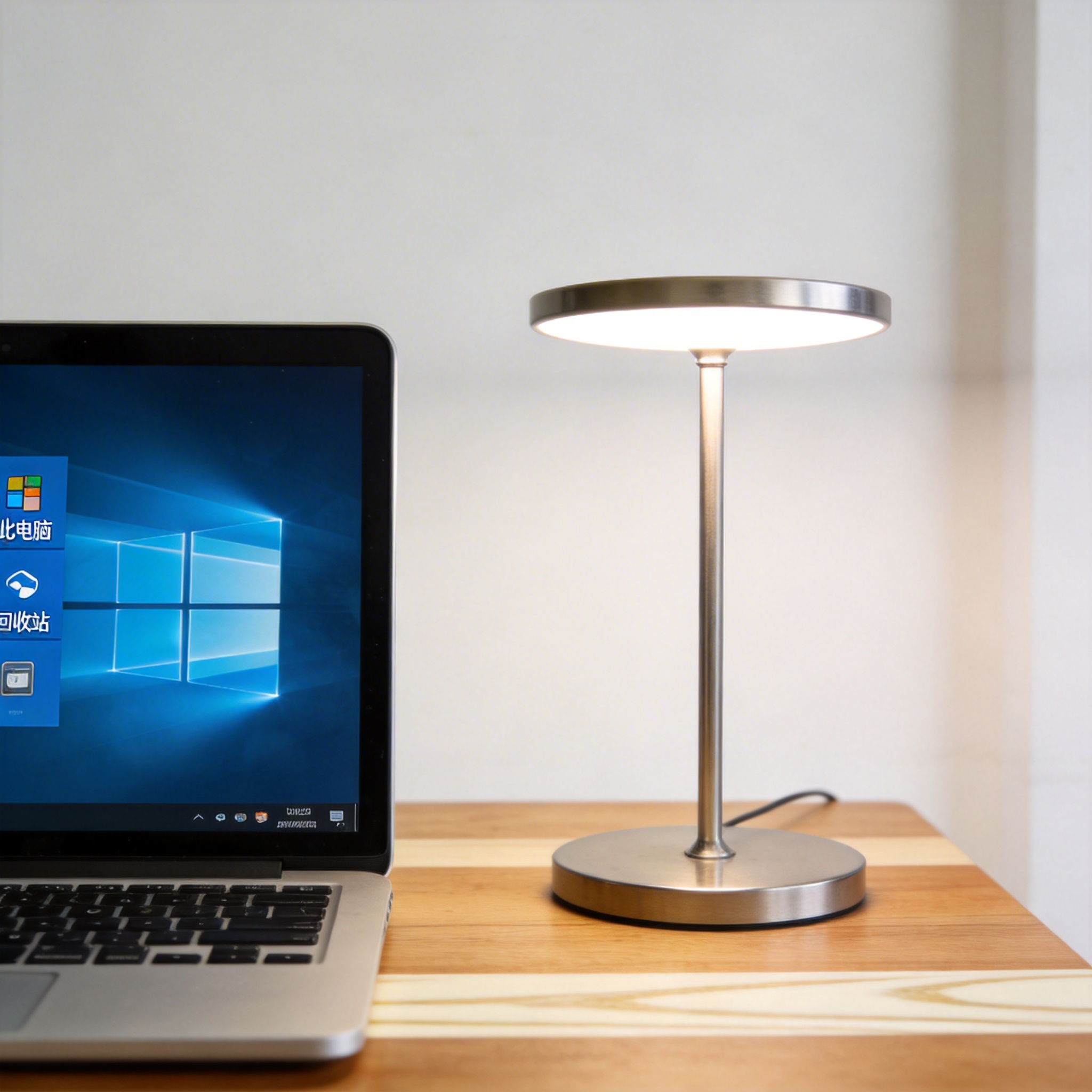 电脑桌上的电脑，屏幕显示Windows界面，旁边放着台灯