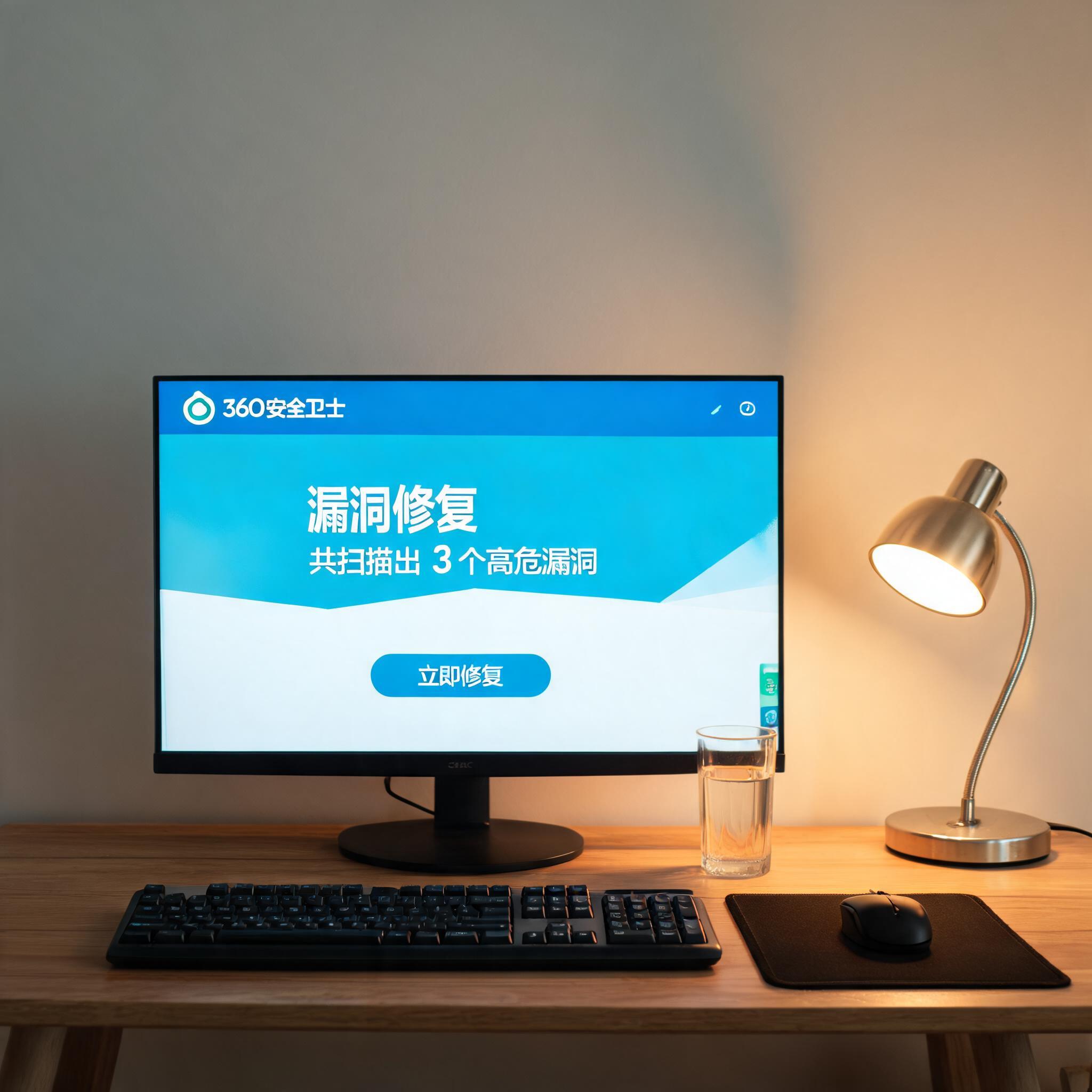 电脑桌上的电脑，屏幕显示360 卫士漏洞修复功能桌面，旁边放着台灯