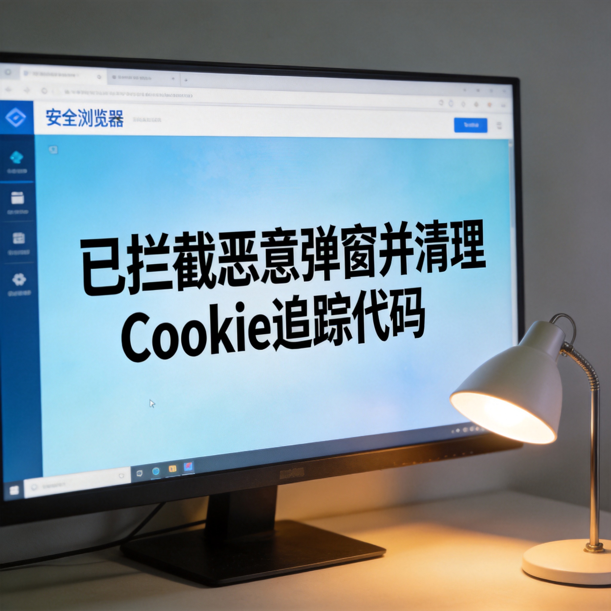电脑屏幕显示安全浏览器界面，页面提示已拦截恶意弹窗并清理Cookie追踪代码，桌面角落有一盏打开的台灯