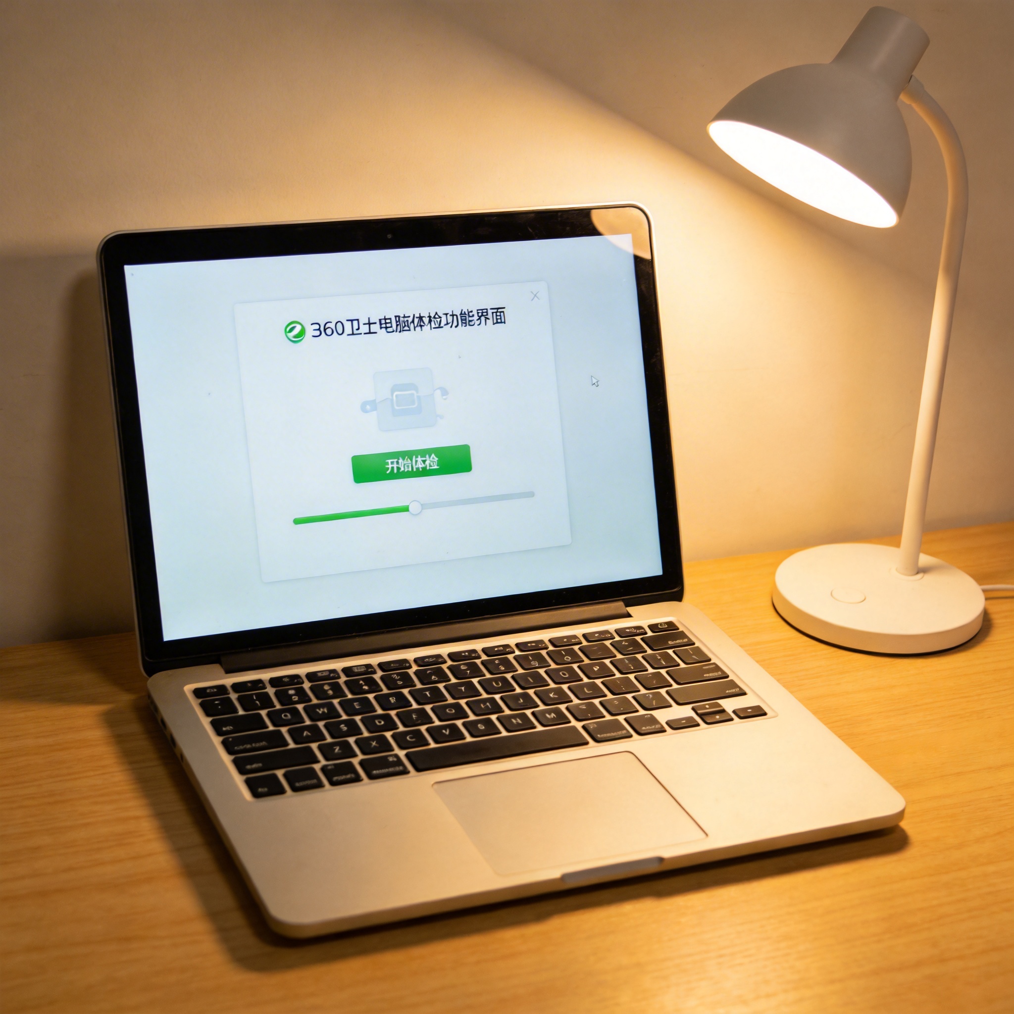 电脑桌上的电脑，屏幕显示360 卫士电脑体检功能界面，旁边放着台灯