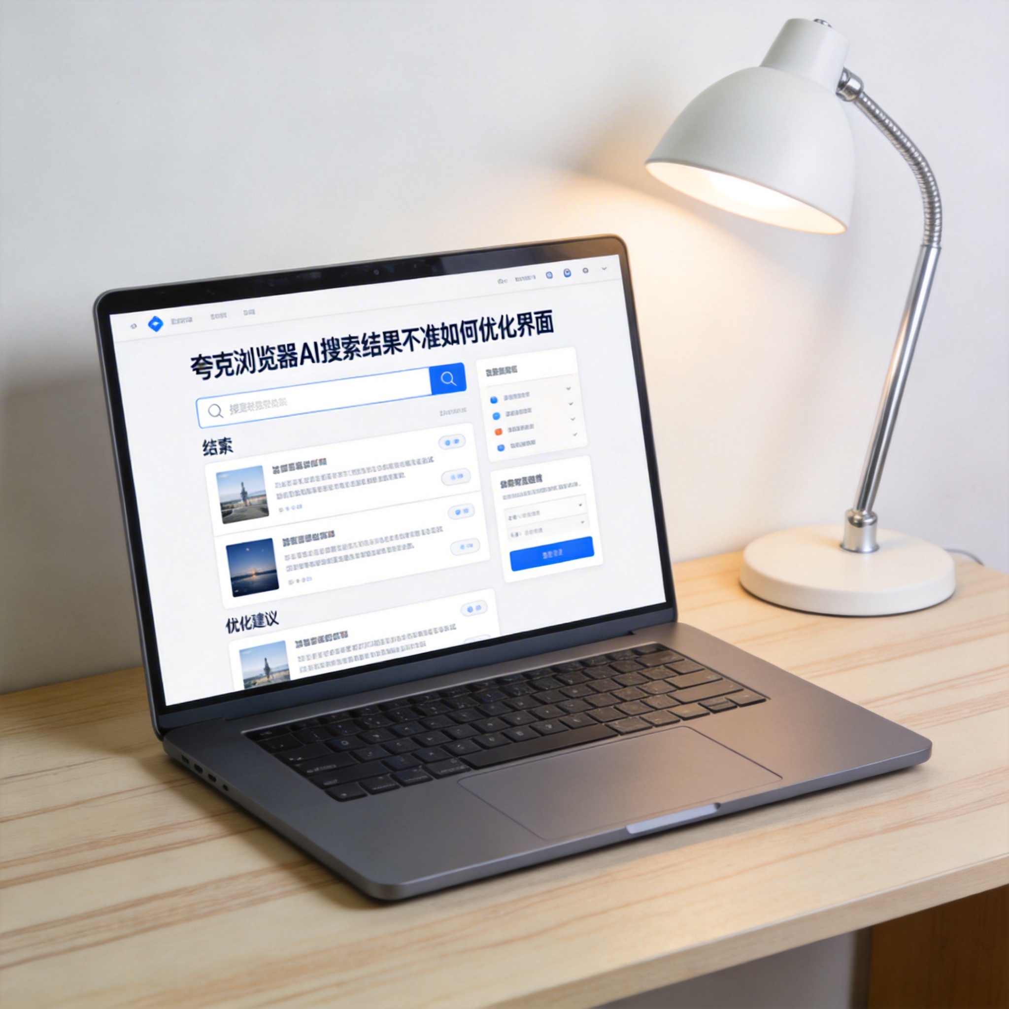 电脑桌上的电脑，屏幕显示夸克浏览器 AI 搜索结果不准如何优化界面，旁边放着台灯