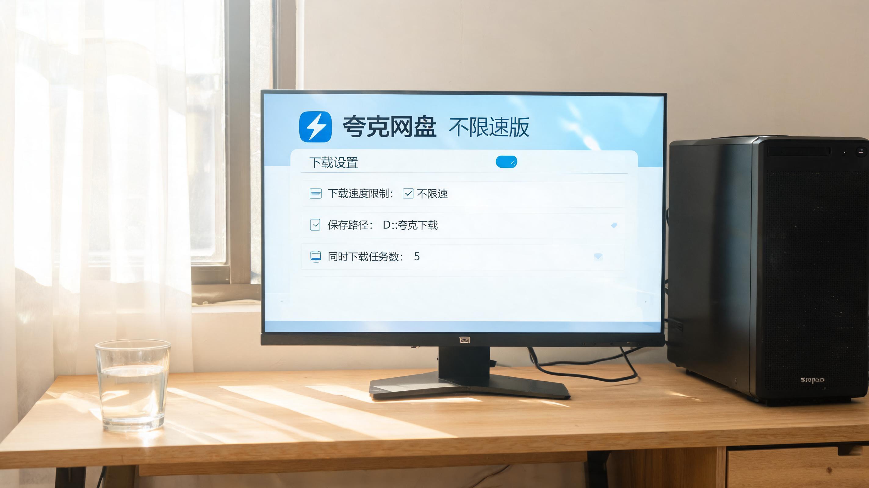 书桌上的主机，屏幕显示夸克网盘不限速版下载设置界面，桌角放着水杯，自然光