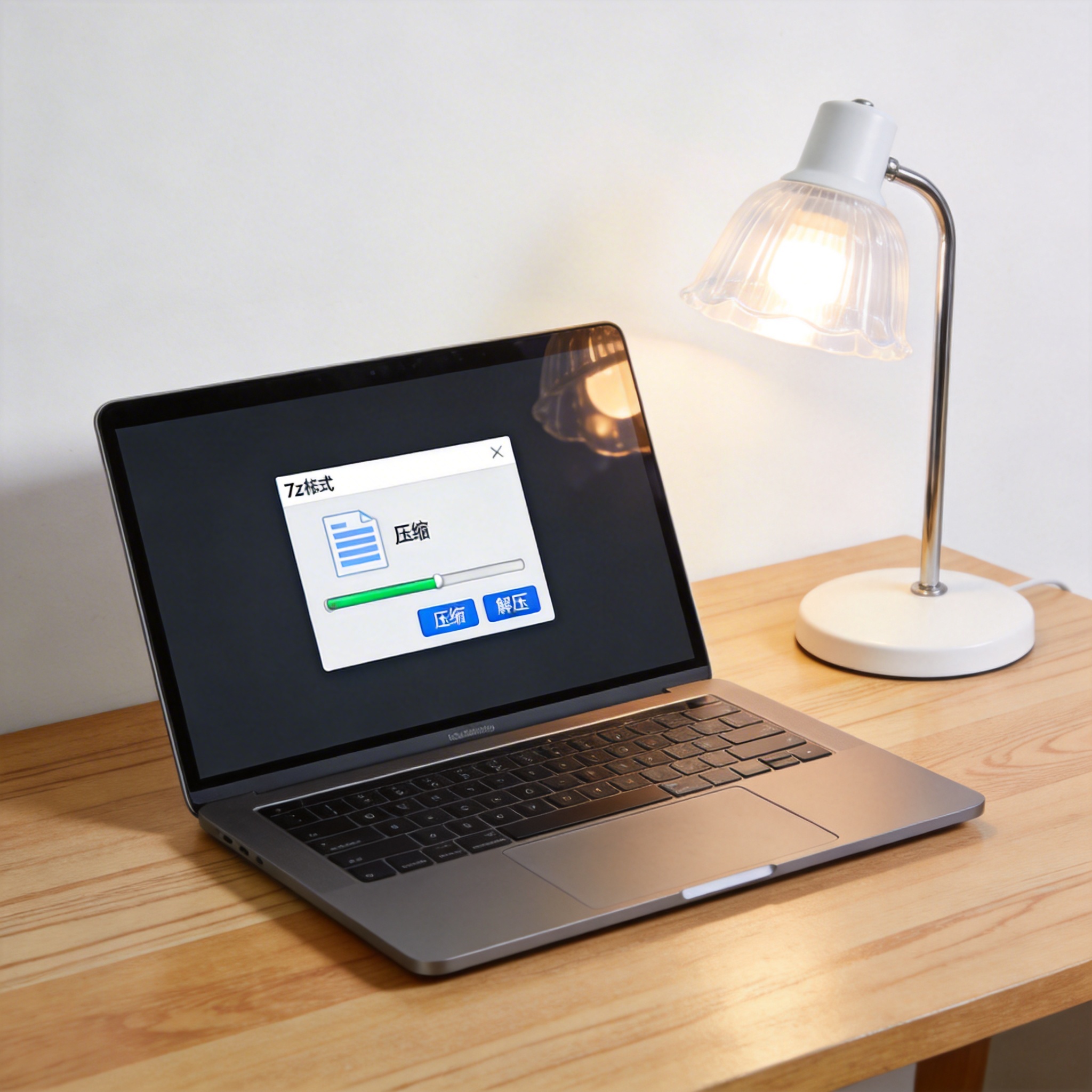 电脑桌上的电脑，屏幕显示7z 格式文件压缩与解压界面，旁边放着台灯