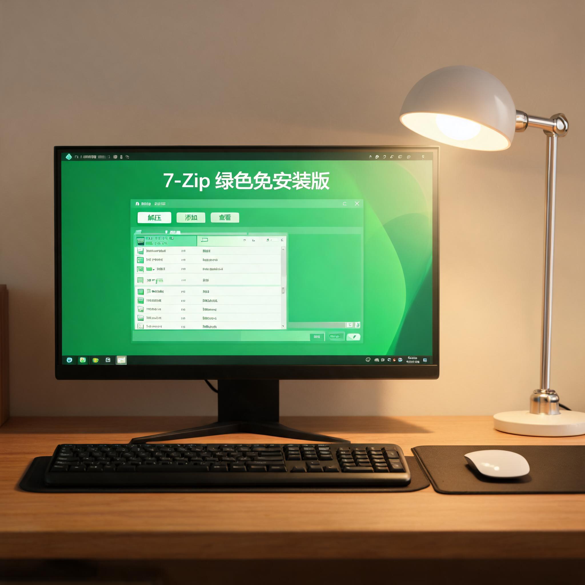 电脑桌上的电脑，屏幕显示绿色版解压缩工具免安装桌面，旁边放着台灯